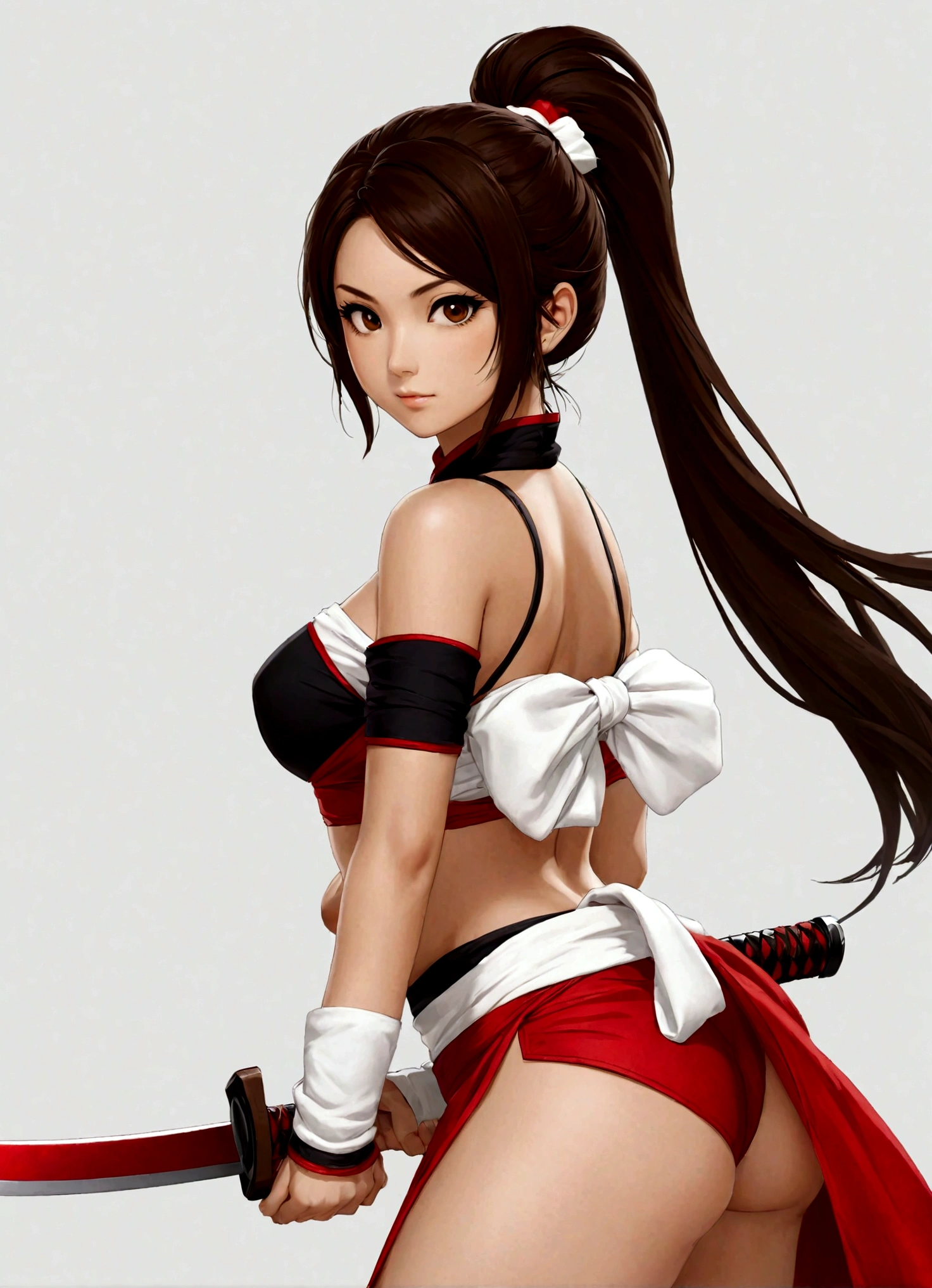 1girl，Red sexy ninja clothes，Handheld fan，Bare shoulders，breast，Brown eyes，Brown hair，Hand fan，High Ponytail，大breast，Ponytail，Reveal Clothes，shiranui mai，solo，Standing