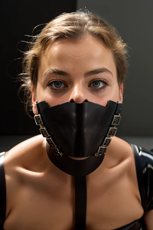 (Margot Robbie, bdsm, bondage, muzzle covering mouth, drool dripping, drool dangling, breathplay), 8k, realistic, drooling, pleading eyes, dripping wet, waiting to be tortured, cleavage, muzzle harness, drool all over face, drool all over breasts, breath control, muzzled, sweating, exact likeness 