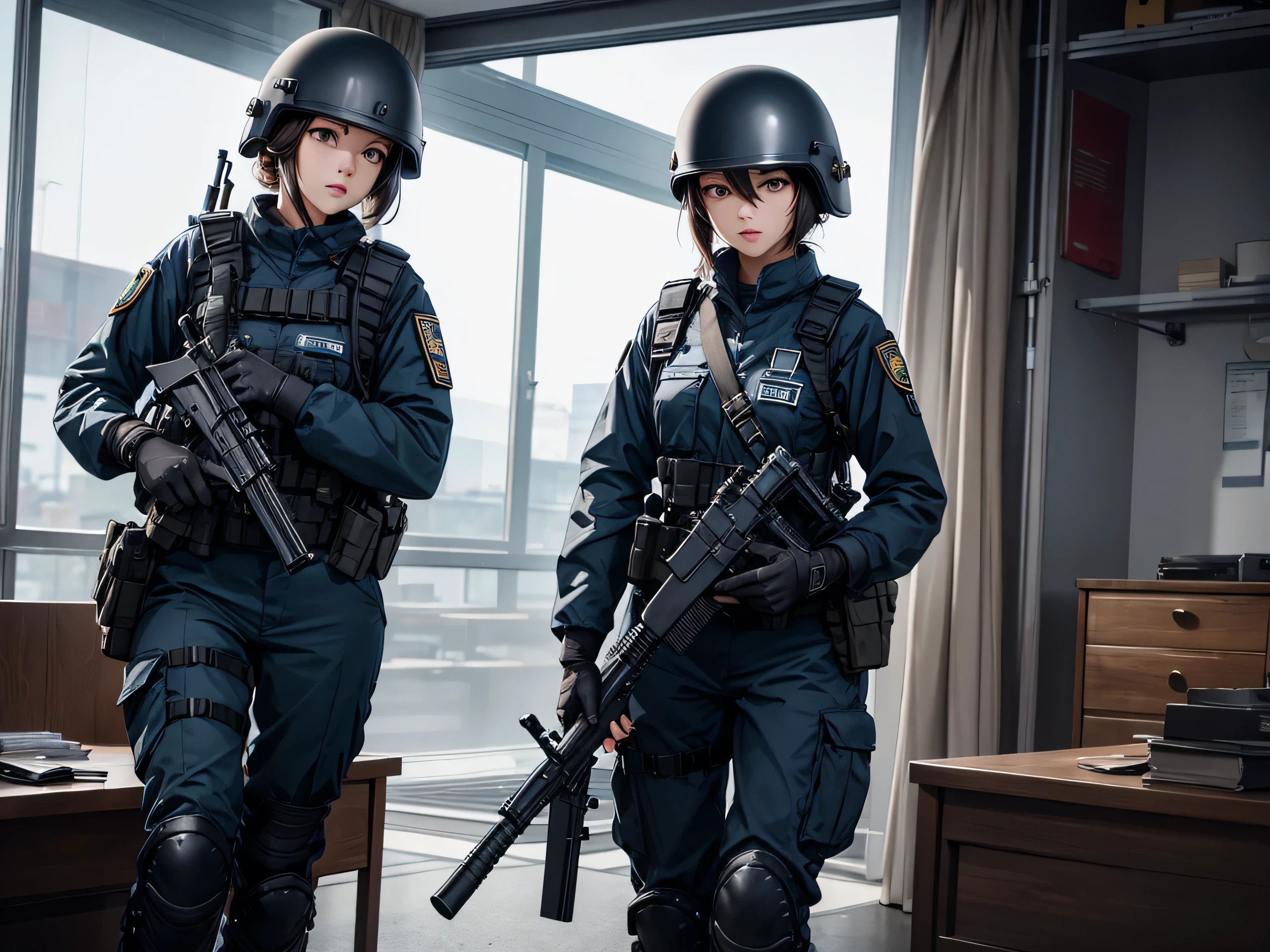 Female riot police，Wear a riot helmet，Dark blue、military trousers、Military rifle in hand，Show only the upper thigh area、Write details、masterpiece、best quality、Highly detailed CG、8K picture quality