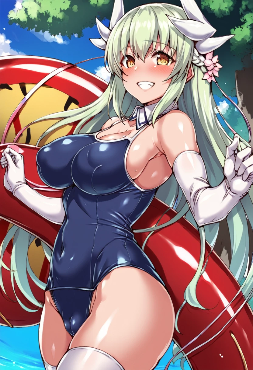 score_9,score_8_up,score_7_up,rating_general, source_anime, road_map, 1girl, solo, kiyohime_\(fate\), long hair, green hair, white horns, hair flower, yellow eyes, detached collar, sukumizu, school swimsuit, blue one-piece swimsuit, elbow gloves, white gloves, sash, blush, smile, breasts, latex