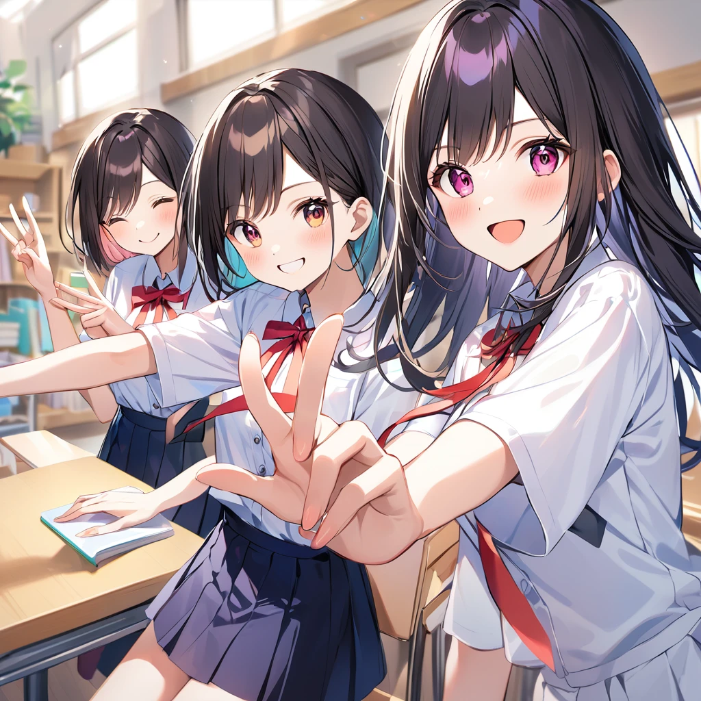 A confident smile, Two students demonstrating a gesture commonly associated with a peace sign while speaking by textbook, skirt, Black Hair, indoor, in, Book, shirt, ((((complete fiine fingers))))