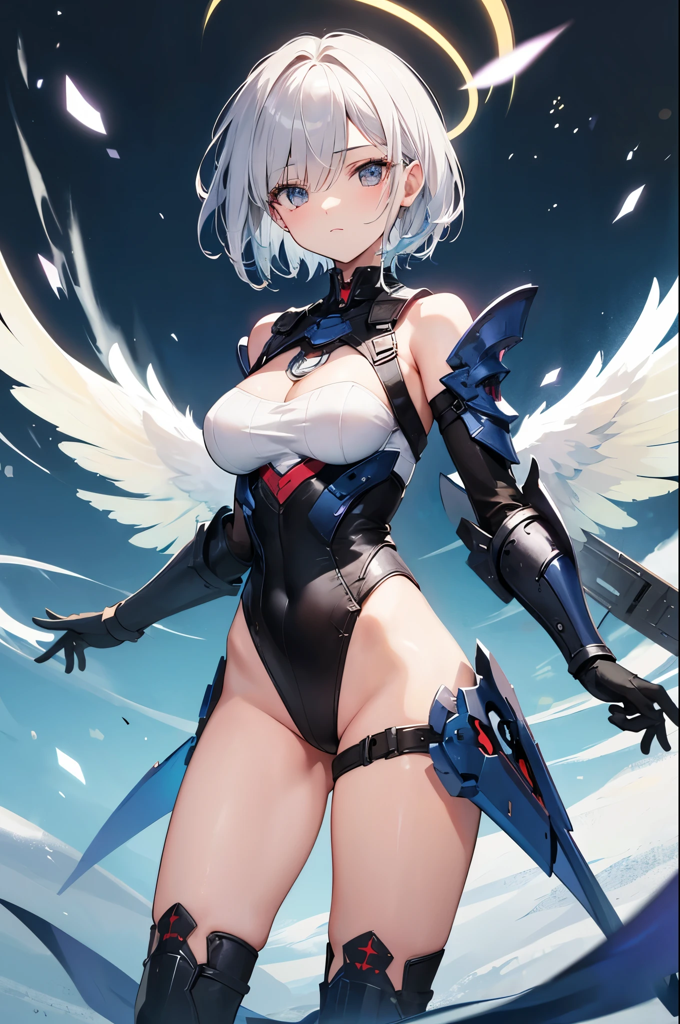 fantasy, 1angel_girl,young_, ,silver_hair, short_hair, long_bangs, halo,bare_shoulder,thighhighs,silver_armor, waist_armor, large_breasts,half_eyes,1pair_wings, dynamic_pose_fighting,floating, bare_crotch, headgear,gauntlet, greaves,city_background,slightly_spread_legs, solo, groin_naked,tan_skin,hair_over_one_eye,