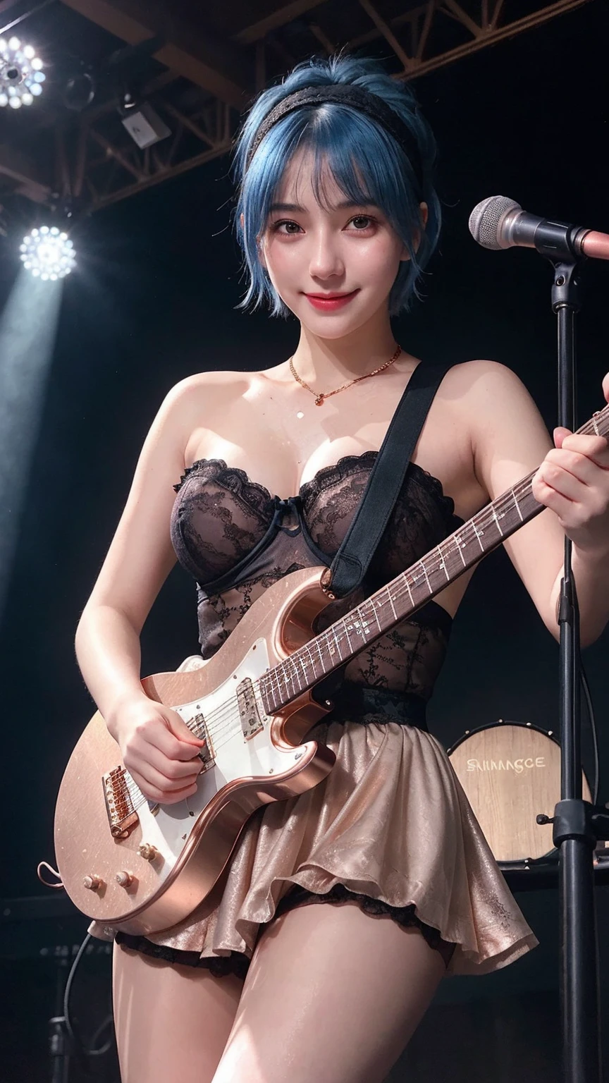 ((best quality)), photorealistic, photorealism, Photorealistic, high resolution, ((Wearing Rose-Gold Strapless Lace ta, Headband))、smile、A superb beauty、Super cute、ennui、Rare beauty、Very Short hair、Black Dark Eyeshadow、Sad、white skin、pale skin, Very short hair layered、Dark Gothic Makeup、Cute Smile、Fragrant beauty、Stained glass background、Mastepiece、Best Quality、Refers to 5 books、Sweat glistening on my chest、Sweat glistening on my face、Medium breasts、Blue hair、Age 20 years old、Mysterious look、A sad expression、Blue Hair、Glamorous concert stage、enchanting castle、Sweating profusely all over the body、A lot of sweat and light on the thighs、Shiny thighs、Plenty of sweat glistening on the thighs、A large amount of sweat glistens on my thighs、Sweating profusely、Gal、Medium breasts、Beautiful face、Alluring expression、Thin thighs、Playing electric guitar、I have an electric guitar、Sing a song enthusiastically、Playing guitar in a band、Rock band、Playing guitar chords、Live House Background、Sing a song、Open your mouth、Live house scenery、Mike stand、Glamorous live stage、Dynamic Angle、cinematic lighting