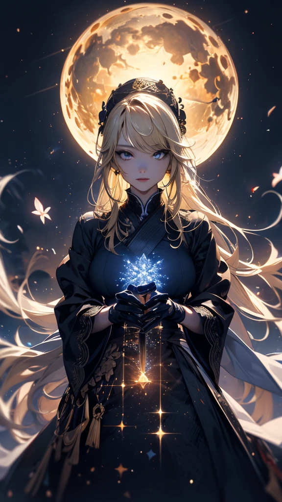 masterpiece, high quality, 4K, Beautiful design, silhouette,blonde, 非常に詳細な夜のStarry Sky,Flower Field, wonderful, Finer details, Very knowledgeable woman, Highly detailed solo, 1 female,Big Breasts,Gothic Lolita Fashion,magic,magic使い,Night view,Starry Sky,full moon,