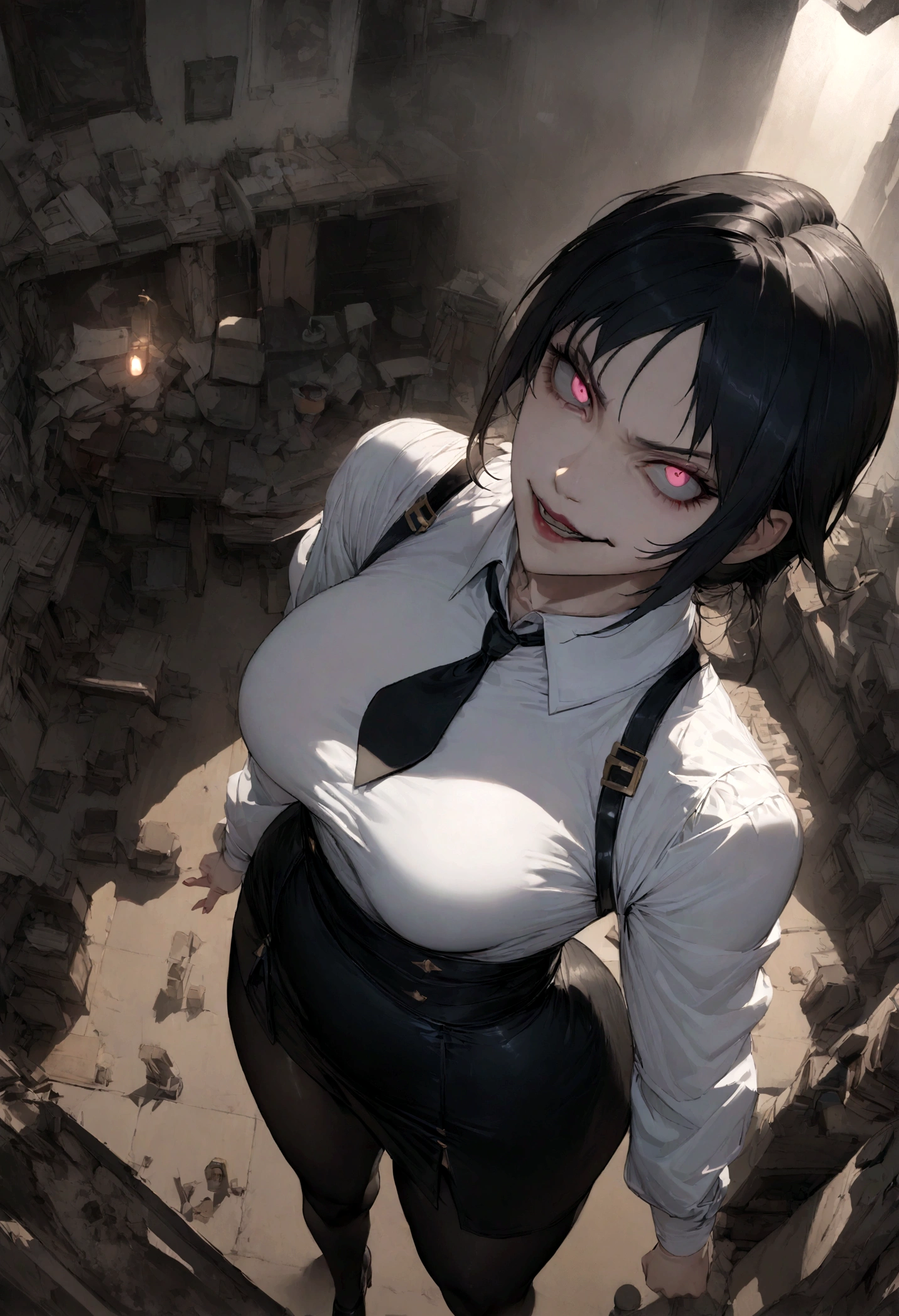 juri han, work of art, tight white secretary shirt with black tie, black high waist skirt, short skirt, black hair, black tights,evil smile,office,franja nos olhos,lighting,chifre de cabelos,view from above,olhando para cima