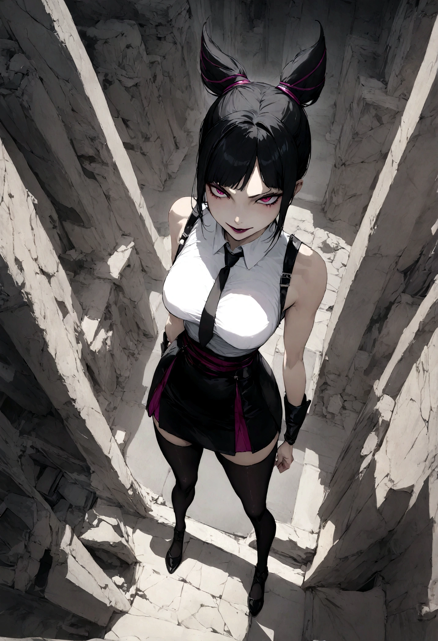 juri han, work of art, tight white secretary shirt with black tie, black high waist skirt, short skirt, black hair, black tights,evil smile,office,franja nos olhos,lighting,chifre de cabelos,view from above,olhando para cima