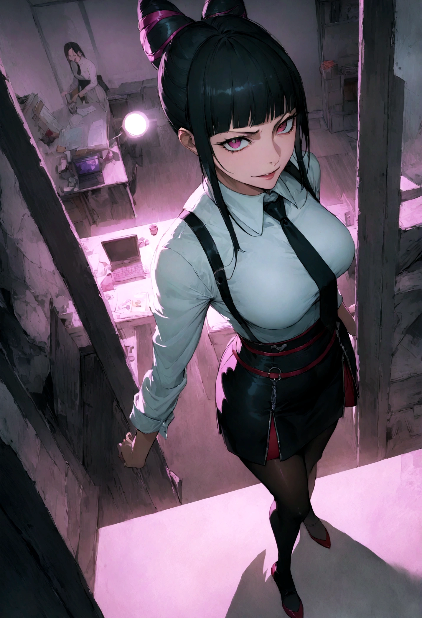juri han, work of art, tight white secretary shirt with black tie, black high waist skirt, short skirt, black hair, black tights,evil smile,office,franja nos olhos,lighting,chifre de cabelos,view from above,olhando para cima