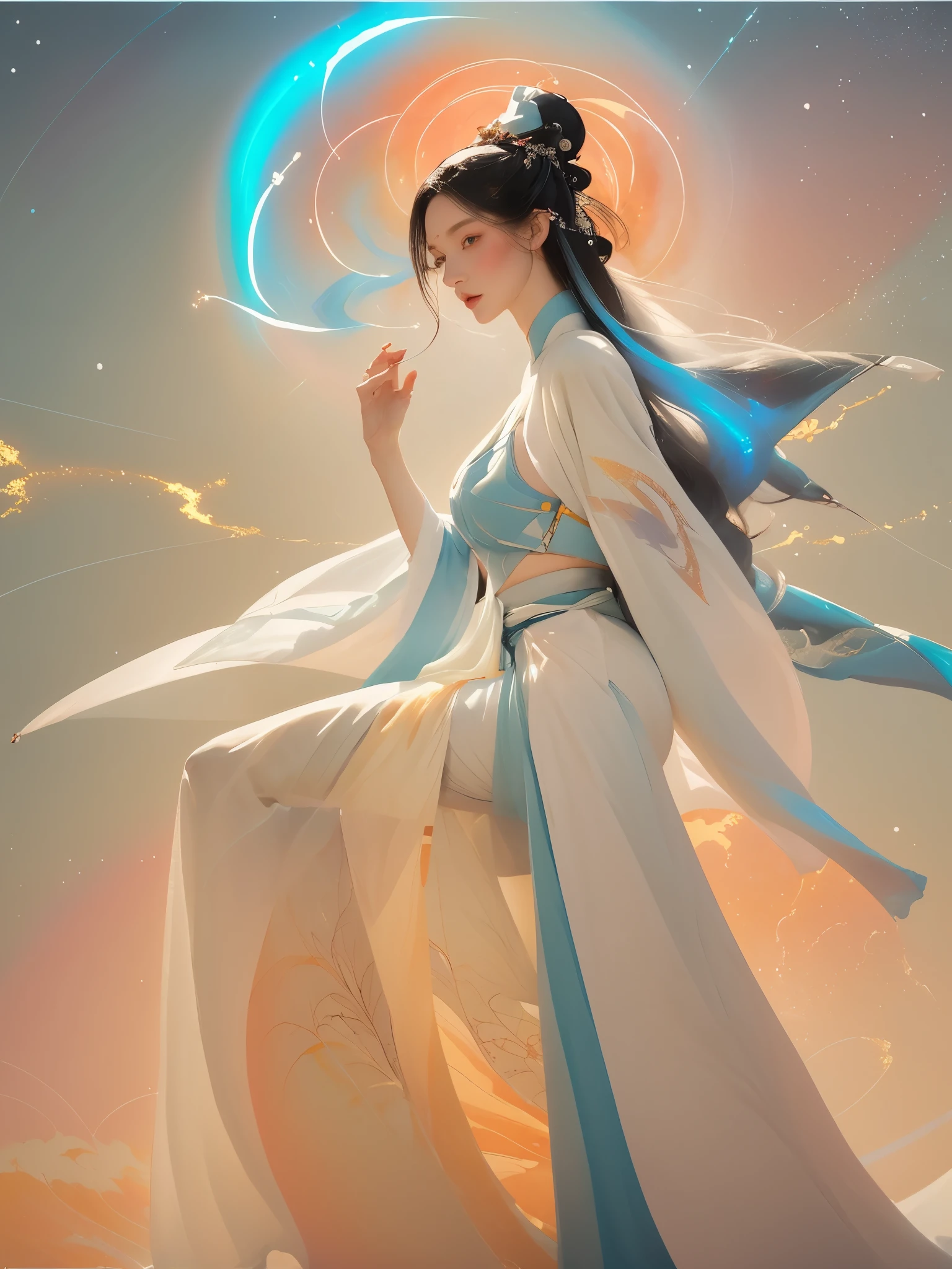 (1 Girl:1.4),Solitary, Gorgeous, Extremely detailed,(Joshua Middleton Comic Cover Art:1.1), (Action painting:1.2),(Concretism:1.2),(Hyperpolarization:1.5),rich and colorful,The most detailed,white gray background, White Hanfu, Pastel colors, (masterpiece, Top quality, best quality, Official Art, beautiful and aesthetic:1.2),