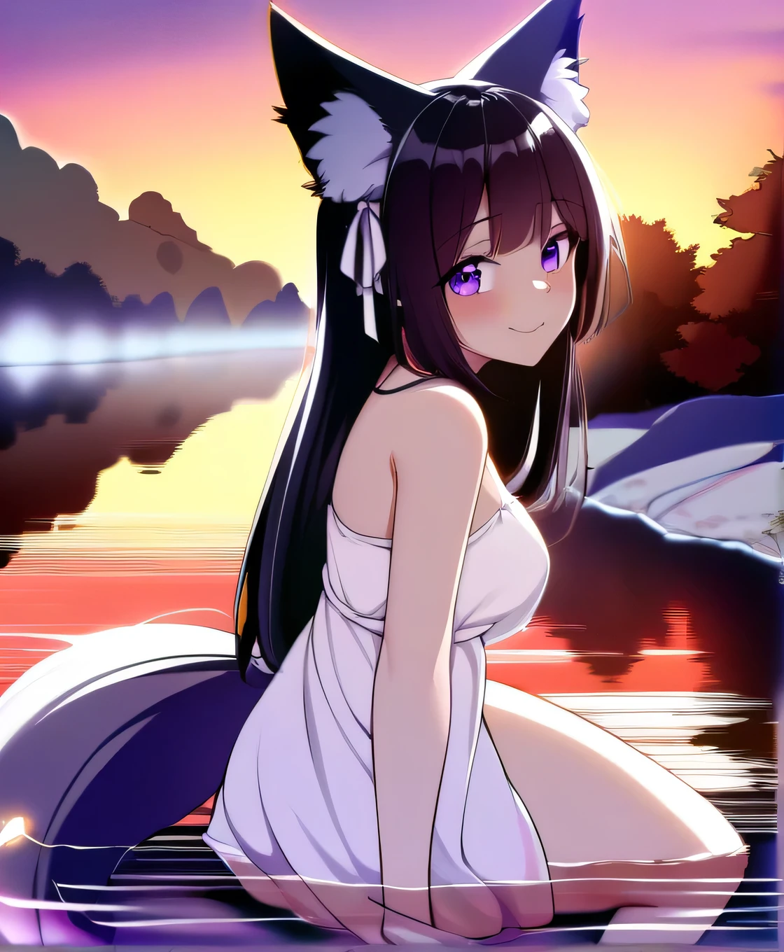 1girl, long black hair, animal ears, black hair, masterpiece, purple eyes, smile, blush, outdoors, tree, landscape, white dress, fox tail, looking at viewer, sunset, sitting, river, water, fireflies, nature, hair ribbon, medium breasts, partially submerged,