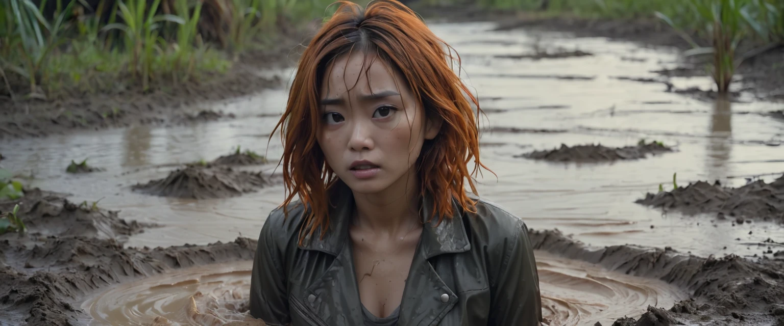 8k, ultra-detailed, from afar view:1.2, documentary drama photo, grainy film photo, masterpiece,muted colors, muffled light, dusk, rainy, moody, noir, drowning, woman messy head completely drown in mud hole, shame expression, messy orange brunette hair, depraved outfit,asian:0.5, from above view, faded leather jacket,,