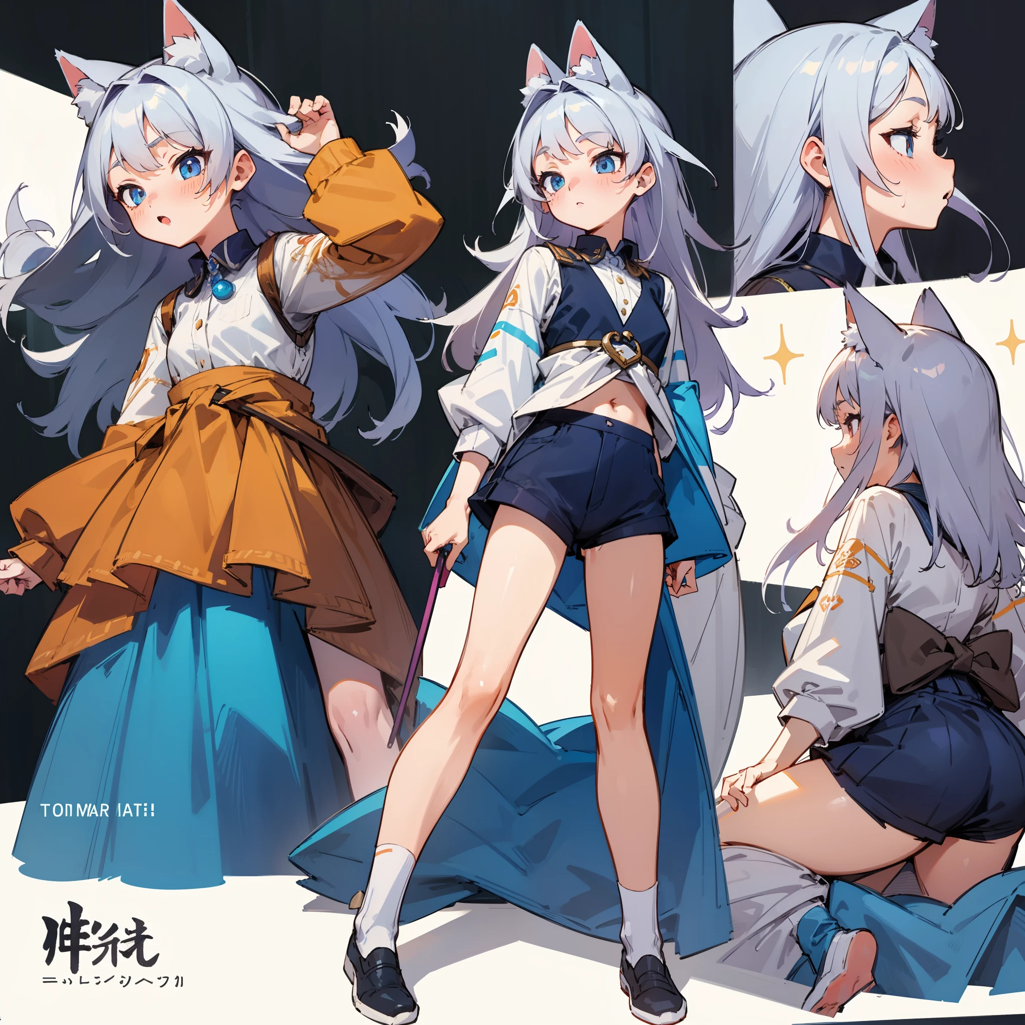 ((masterpiece, highest quality)), ((tsurime)),Detailed face, Character Sheet, Full Body Lesbian, One girl,show,Full of details, Various poses and expressions, Very detailed, depth, A graceful wild fox girl with mostly silver hair, Sparkling eyes, Delicate skin, 青い髪のYouTuberCharacter Sheet, whole body, sexy