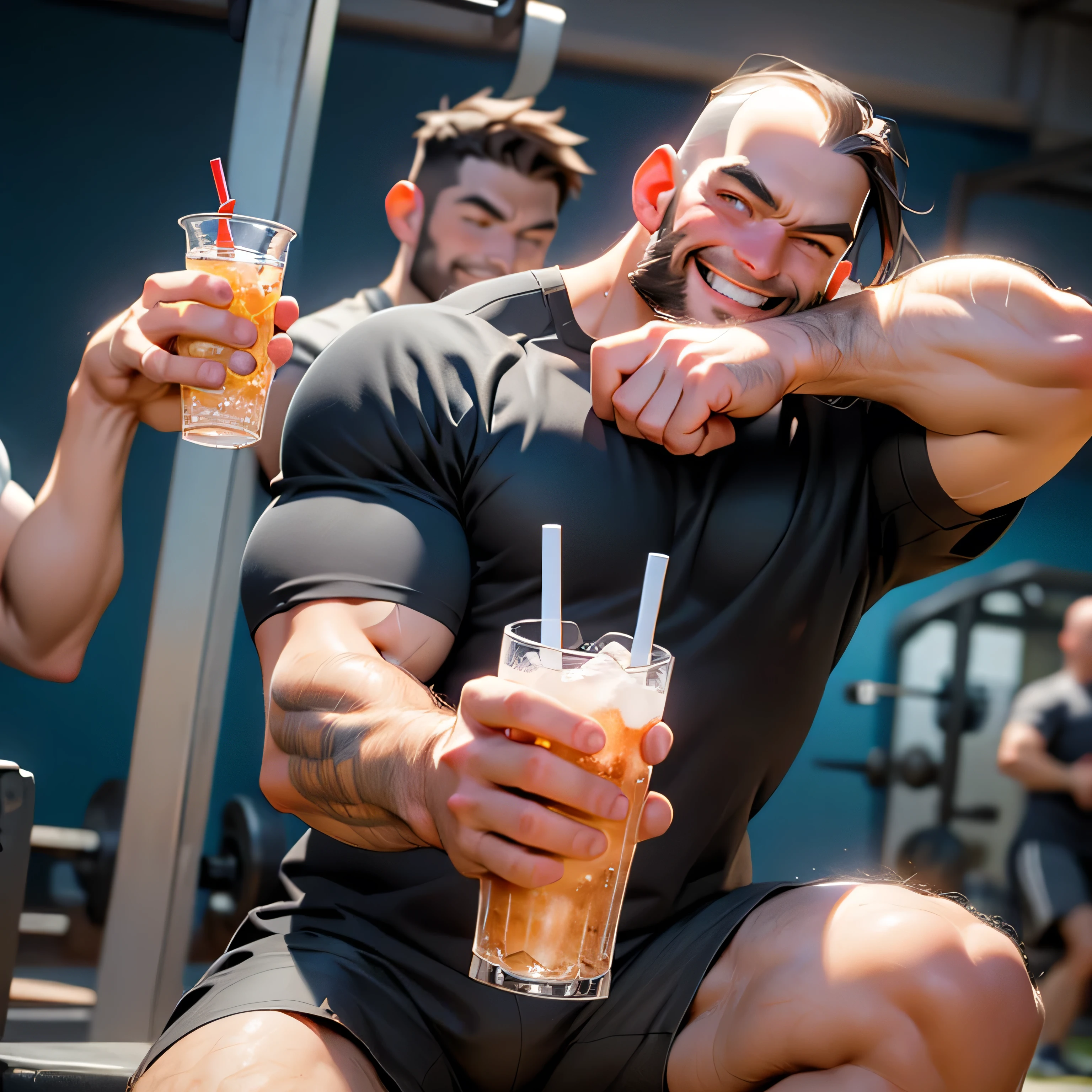 Bulky muscular man, cross fit, drinking soda, Middle age man , beard, dynamic pose, wearing black shirt and shorts, smiling, husky, dynamic angle, balding, open arms, drinking a soda, fat, fist pump forward, cross fit gym background