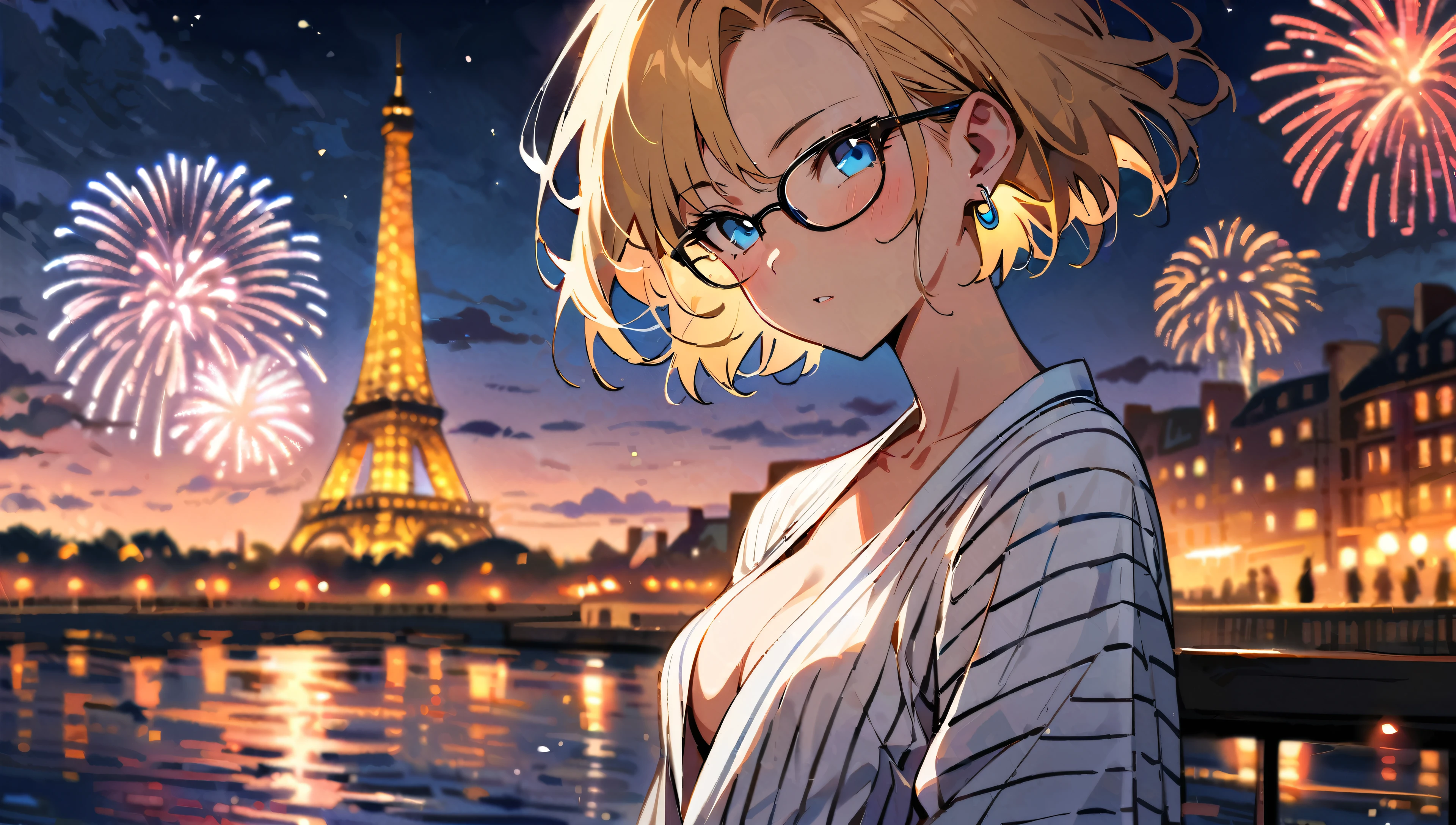 (masterpiece, best quality:1.2), solo, Android 18 from Dragon Ball, white yukata, stripe, Japanese sandals, small breasts, short blonde hair loose, ((blue eyes)), ((wearing glasses)), earrings on earlobes, slender feminine figure, narrow waistline, skinny body, head tilt, light blush, arms behind back, walking, the Eiffel Tower, riverside, natural lighting and shadows, night, firework display, cleavage, magnificent view, blur background, 4K