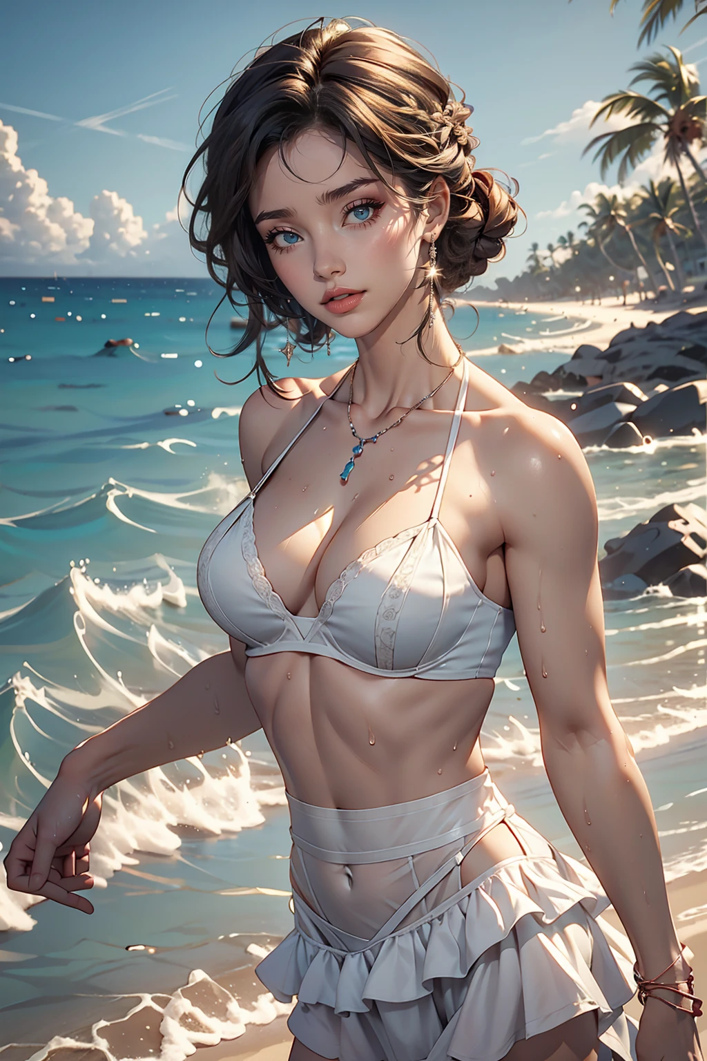 Hawaiian Wakiki Beach, Sleeveless dress, ((highest quality, 8k, masterpiece: 1.3))), Clear focus: 1.2, (Layered Cut, big: 1.2), Perfect body beauty: 1.4, Slim Abs: 1.2, Wet body: 1.5, Highly detailed face and skin texture, double eyelid, Messy hairstyle, Plain makeup,Sexy proportions、Narrow waist、smile