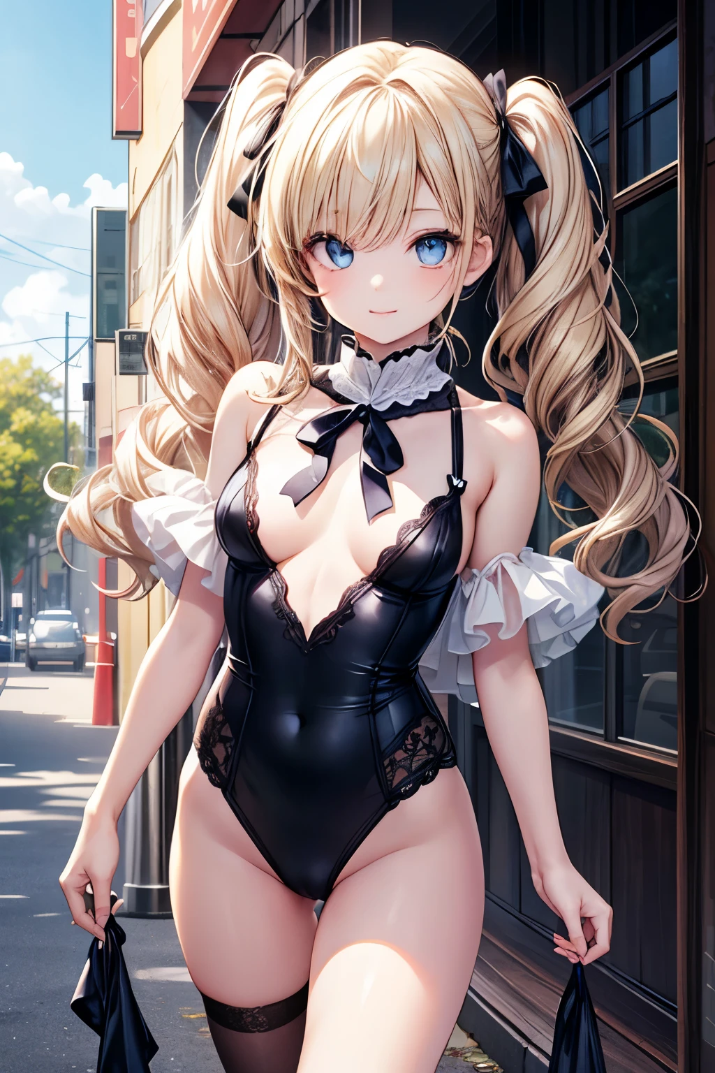 ((super masterpiece))、blonde、blue eyes、girl、Small breasts、Twin tails、girl、Small breasts、Lolita、Bright smile、Looks about 、Petan Musume、Lolita、Small breasts、Eye highlights、Sexy thighs、Walking Outside、blue sky、(Real Detail:1.5)、(( Fine Eyes, Beautiful Eyes, Perfect Eyes,Curl your eyelashes, Realistic eyes))、