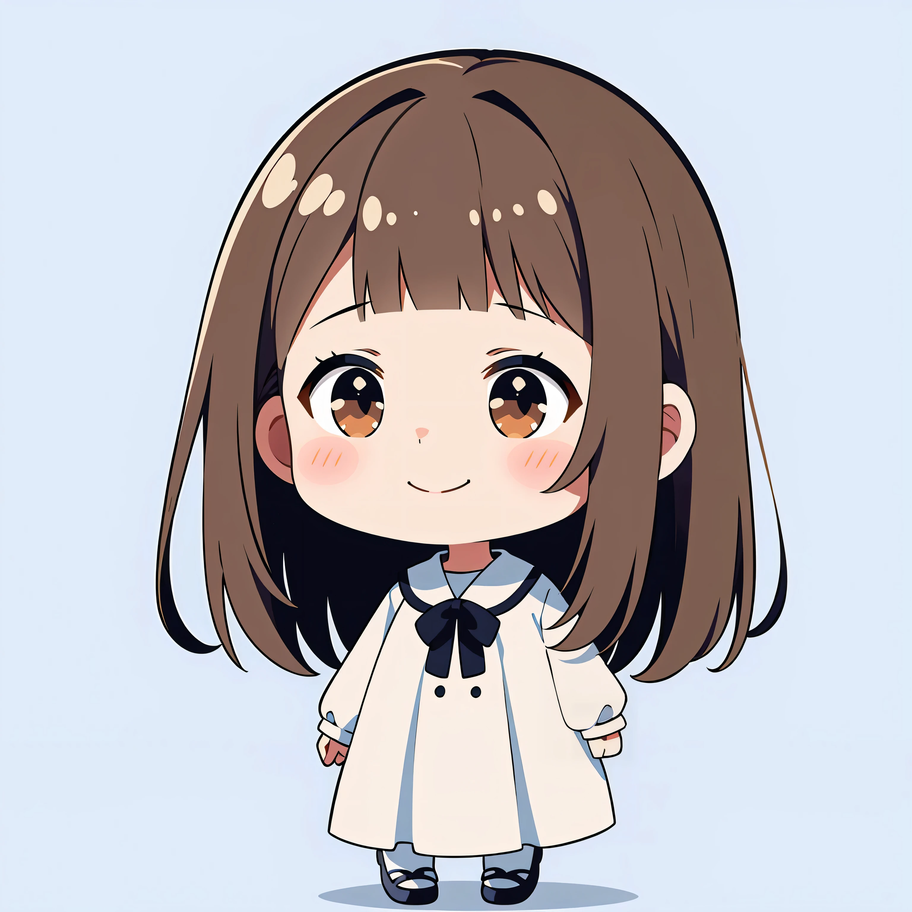 high quality、Brown Hair、amount、Bob Hair、Medium Hair、Amount、amount、bangs、Ear hook、smile、Bangs are worn on the ears、smile、Chibi Character、White casual dress、Frill dress、Simple Background、White background、Beautiful and detailed、Long eyelashes、cute、girl、shoes、amount、Bangs are worn on the ears、flat avatar