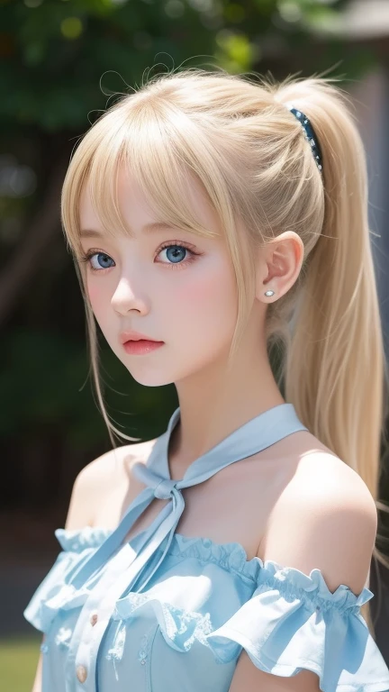 Flat Chest、(Very detailed), Very beautiful platinum blonde super long straight silky hair、Cute light blue princess dress,(Frill dress),(Short sleeve),Such beautiful, big, bright blue eyes、Very big eyes,ponytail,Half Up,Upper Body、close、face、かわいらしい笑face,Look forward, 8-year-old, age Girl,No tail,(No tail),2D, masterpiece, highest quality, And soul, Detailed eyes, 詳しいface, blondeの美少女、Just One,blondeのスーパーロングストレートヘア, (blonde), Bangs between the eyes、faceの中心に髪、片Hair above the eyes、Hair above the eyes、Ear hair, , Single Blade, (Single Blade), (Side Blade), Pink Ribbon, Ribbon on neck, (White sleeves), Background blur、小face美少女、Cheek highlight