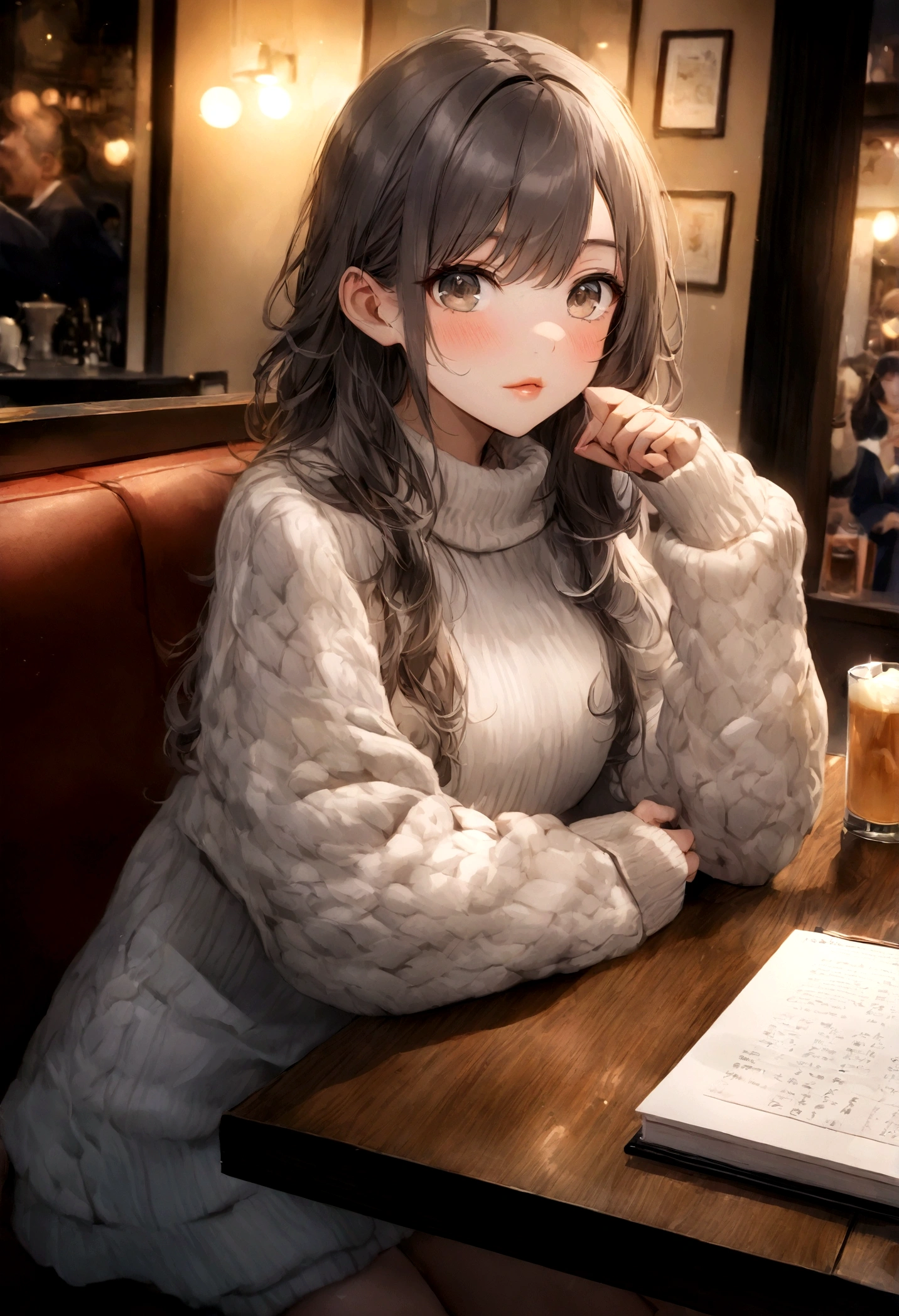 (Sharpness: 1.2), photo (Tout le corps) (American Apartment), attractive 25 year old, menu de lecture, sitting in a Parisian café, (beau visage: 1.1), Light brown eyes detailed, Delicious lips, (maquillage pour les yeux: 0.85), (seins moyens: 1.0), (corps ferme: 1.2), (cheveux noirs longs et doux: 1.2), (Longue frange:1.1),Résistant robe blanche plaid mini jupe, (Oversized Sweater), (moderate lighting: 1.2), profondeur de champ, Bokeh, 4k, hdr. Miss Univers, photo de couverture. ((peau avec de petites taches et rides), , (moody lighting: 1.2), profondeur de champ, Bokeh, 4k, hdr