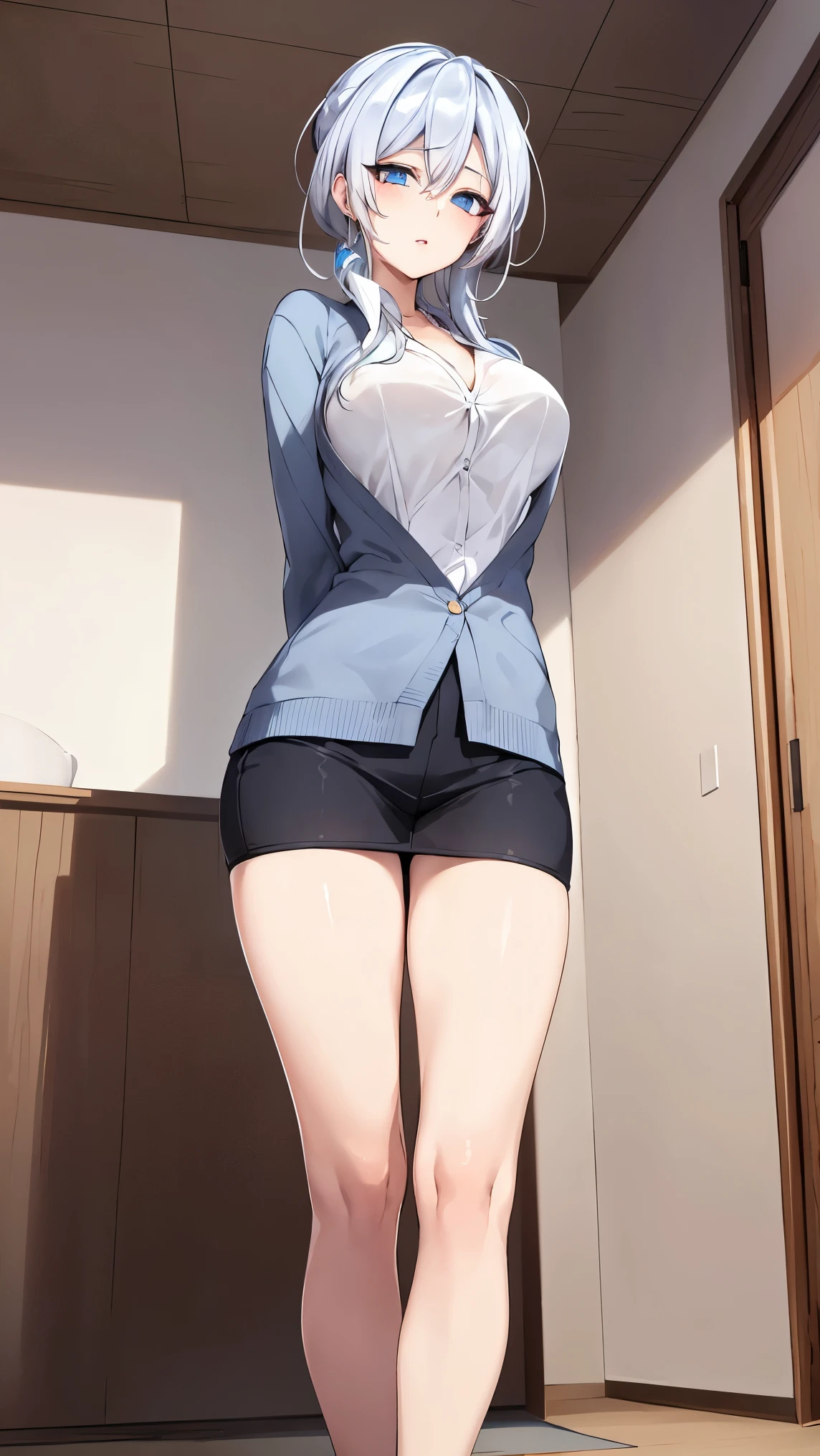 Silver hair and blue eyes,
BREAK (blouse and cardigan:1.2),
BREAK full bodyesbian,Standing on the ground,Slim,long leges,Stand up straight,nothing background,Slim,extra long leg,A sagging breast,arms behind back,
BREAK ((top quality, 8k, masterpiece: 1.3, ultra hd, high quality, best quality, high definition, realism)), sharp focus: 1.5, Beautiful woman with Slim body, (perfect hands, perfect anatomy),