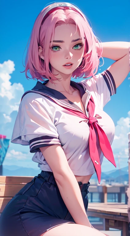 young woman, short shoulder-length pink hair, wide forehead, porcelain skin, pink eyebrows, big emerald green eyes, buttoned nose, full lips, heart-shaped face, slender body, small breasts, red tank top, Sakura Haruno , realistic, realism, details, 3d, well detailed