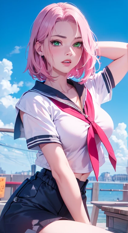 young woman, short shoulder-length pink hair, wide forehead, porcelain skin, pink eyebrows, big emerald green eyes, buttoned nose, full lips, heart-shaped face, slender body, small breasts, red tank top, Sakura Haruno , realistic, realism, details, 3d, well detailed
