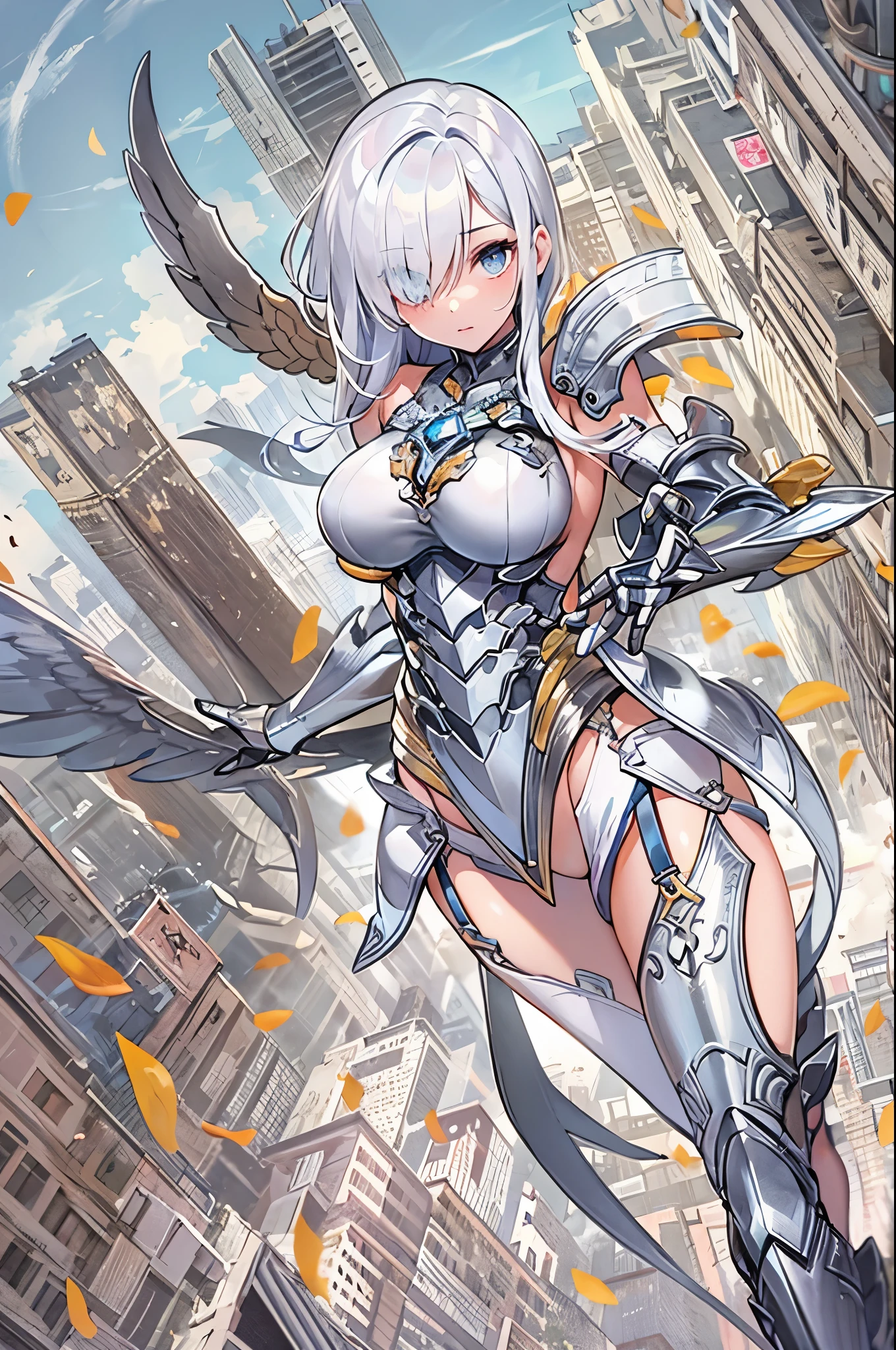 fantasy, 1angel_girl,young_, ,silver_hair, short_hair, long_bangs, halo,bare_shoulder,thighhighs,silver_armor, waist_armor, large_breasts,half_eyes,1pair_wings, dynamic_pose_fighting,floating, bare_crotch, headgear,gauntlet, greaves,city_background,slightly_spread_legs, solo, groin_naked,tan_skin,hair_over_one_eye,