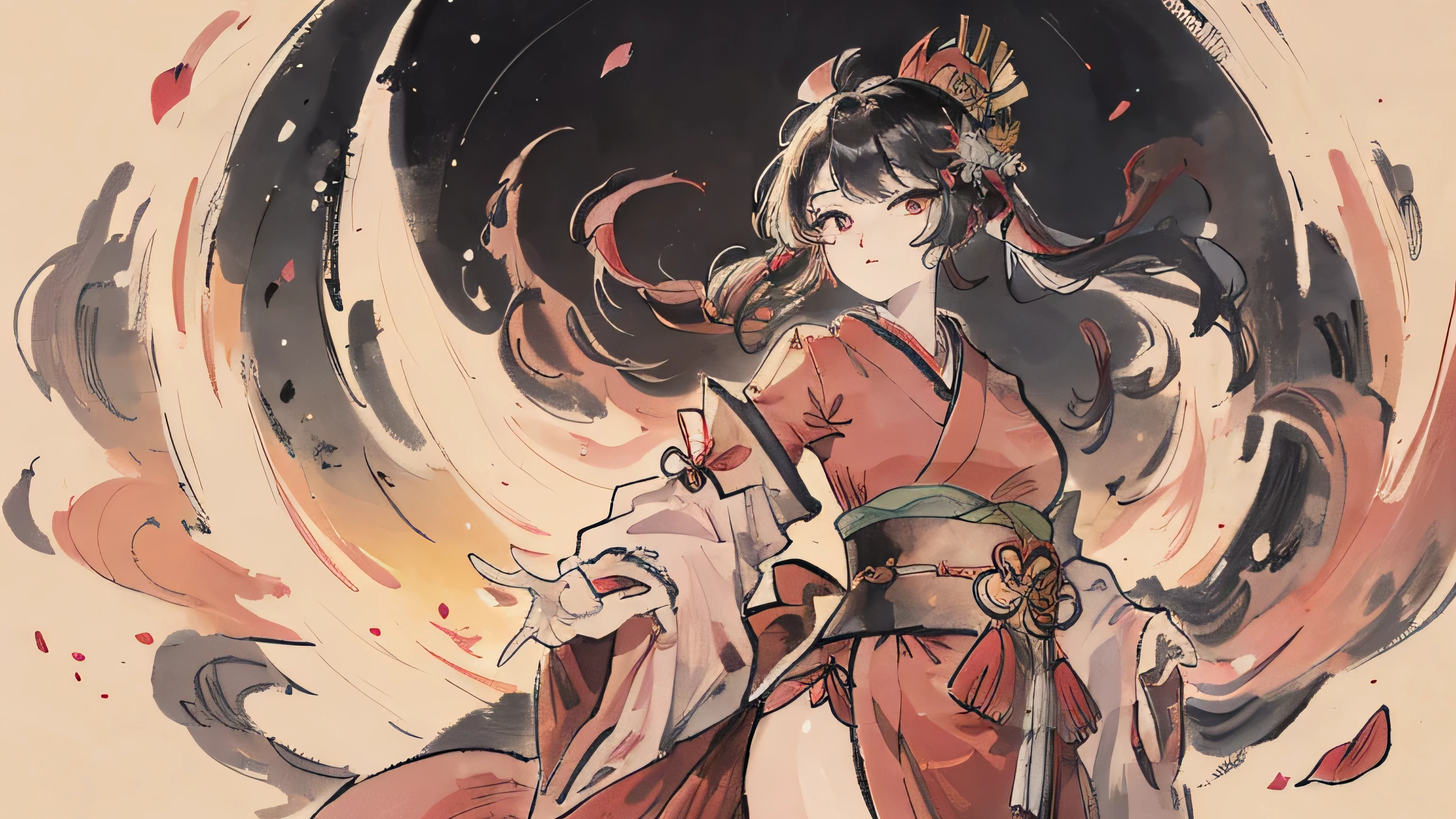 masterpiece, highest quality, A woman in her 20s from the end of the Edo period in Japan.。She is standing still, but her bright red, yellow, and pink kimono hangs over her shoulders.、Exposed skin。Her long hair is flying wildly and in disarray.。Strange pose。Big eyes and a serious look。Upper Body。 In the old Japanese style of painting with low saturation、The women have modern anime-like faces.、She is wearing a slight Kabuki-style make-up.。Strong 2D feel。night。night。night。night。night。night。night。night。In the background, a large cherry tree with a large number of petals falling、and a huge full moon。Night Sakura。I want to use it as a thumbnail for lofi music。