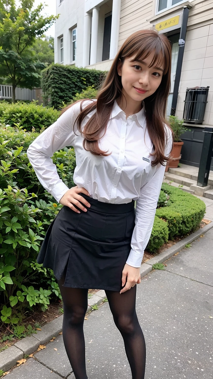 (8k、RAW Photos、highest quality、masterpiece:1.2)、(Realistic、Realistic)、1 girl、((business suit、shirt、tights、skirt、smile、Big Breasts、whole body、View from the front、Looking into the camera、Standing with hands on hips))、