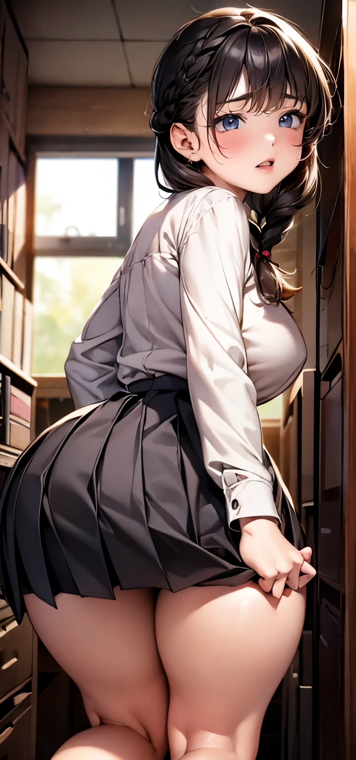 drooping eyes, eyes realistic sizing, pleated skirt, (((round face, blush))), ribbon, thin transparent panties, (((holding her butt herself))), (stylish glasses, braid), (dim old storeroom), leaning forward,