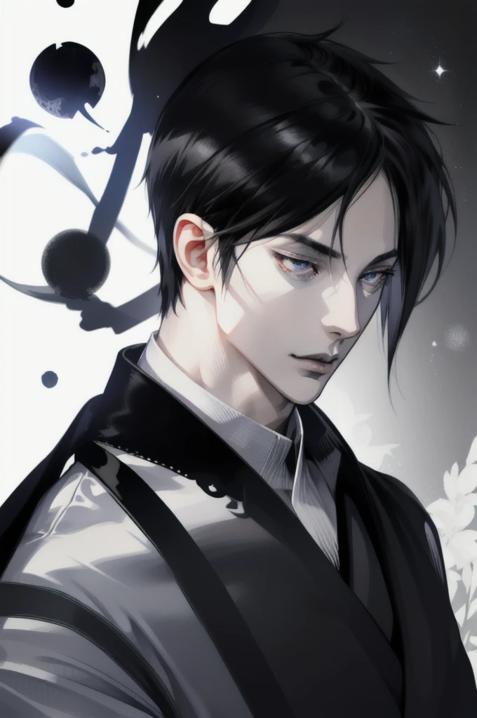 (absurd, high resolution, ultra detailed), 1 man, adult, handsome, tall and muscular boy, broad shoulders, finely detailed eyes and detailed face, short black hair, sasuke, onyx colored eyes, aristocrat, magnificent background, shadow effect, throne,(anime), sasuke uchiha.