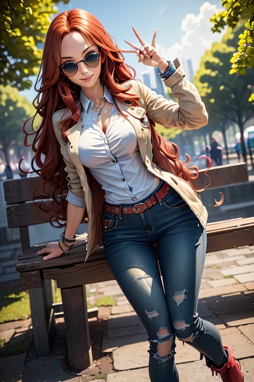 A (((park on a clear day))), with a (((young woman with long, curly red hair))), dressed in a jacket, a button-down shirt, jeans,stylish sunglasses, and high boots, her fingers gesture with a ((shimmering peace sign)) and a collection of bauble bracelets, accompanied by the sound of joyful laughter