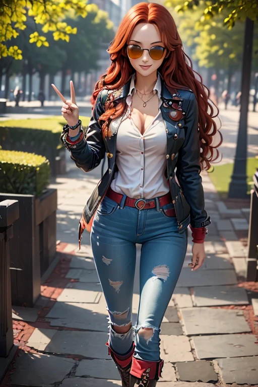 A (((park on a clear day))), with a (((young woman with long, curly red hair))), dressed in a jacket, a button-down shirt, jeans,stylish sunglasses, and high boots, her fingers gesture with a ((shimmering peace sign)) and a collection of bauble bracelets, accompanied by the sound of joyful laughter