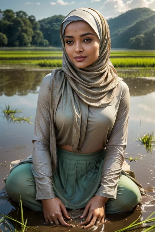 (best quality,realistic,highres:1.2), Aishwarya Rai with hijab lying on muddy paddy rice field,wet body soaked,wearing bra and mini skirt,huge breast,wet and dirty hijab,mesmerizing eyes,sincere smile,peaceful atmosphere,green and golden-tinged color palette,soft sunlight illuminating the scene,vibrant green paddy rice,reflective water puddles around the woman,cloudy sky in the background,muddy texture on the ground,detailed expression of the woman's face and body,subtle wind blowing on the hijab and skirt,graceful pose of the woman,calmness and tranquility in her gaze,harmony with nature,majestic presence of the woman amidst the rural landscape,subtle hint of the woman's confident personality,serene and inviting ambiance.
