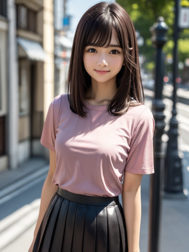 (8k, RAW Photos, highest quality, masterpiece:1.2), (Realistic, photo-Realistic:1.4), (Highly detailed 8k wallpaper), ((Full Body Shot)), (1 girl), Sharp focus, Depth of written boundary, Cinematic lighting, Soft Light, 緻密な美しさのeye, eye_Chan, Very beautiful  girl, innocent big eyes, Realistic, photo Realistic, Highly detailed cute girl, (Thin thighs), (Model Body Type), 18-year-old, (Short sleeve t-shirt in pink color), (Black leather micro mini pleated skirt), (((Fold your arms in front of your chest and act arrogantly))), ((A happy smile)), Parted lips, Watching the audience, (On the streets of Tokyo) , (Brown Hair),（Long Bob Hair), (Asymmetrical bangs)