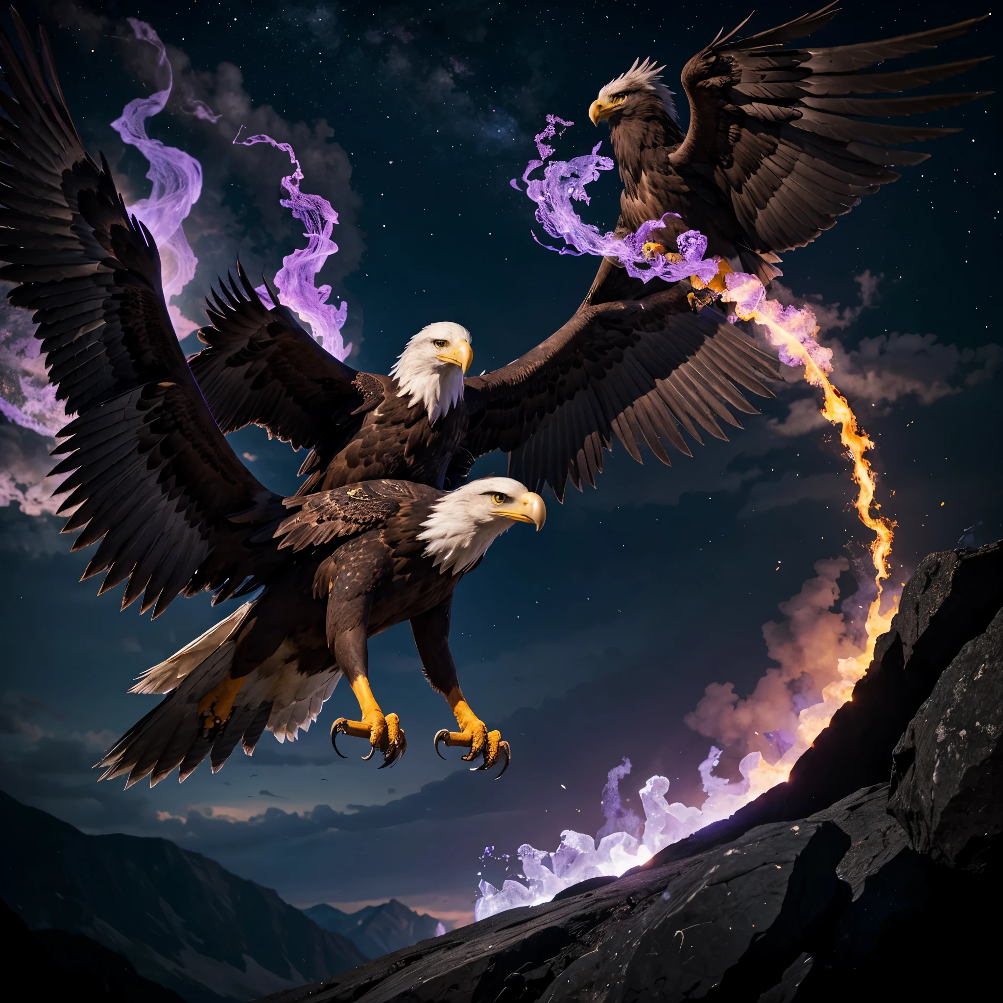 Mystical eagle with dark vibes and purple fire