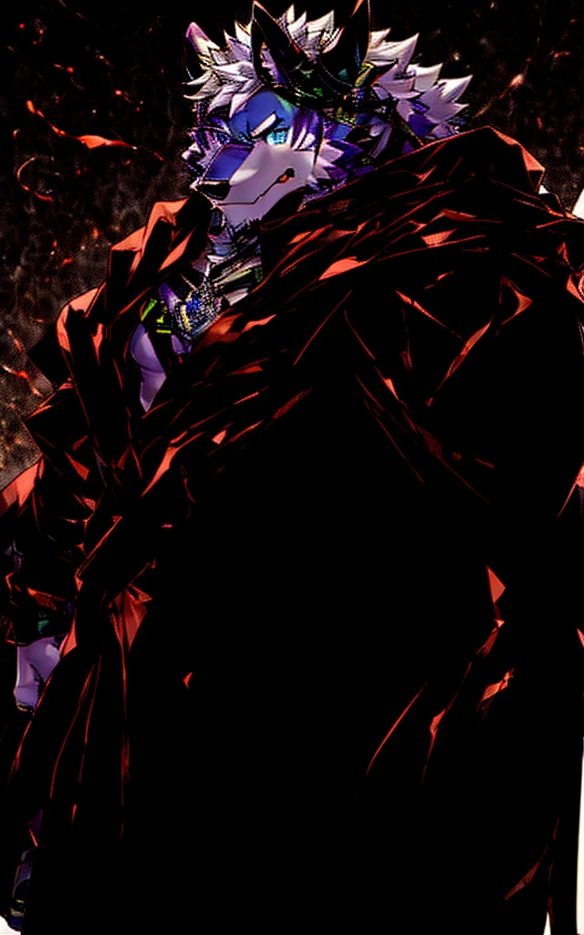 (masterpiece),Very detailed,(best quality),hairy,Wolf,male,black dragon horns,blue eyes,white hair,尾巴hairy的,Blood in left eye,Honesty,Handsome,8K,(high quality)