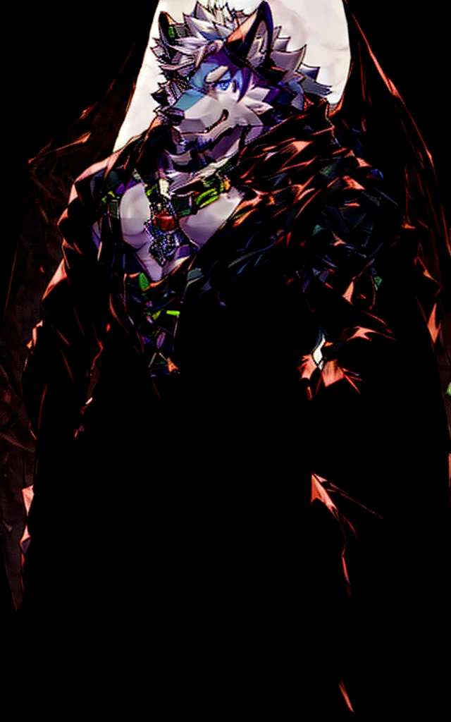 (masterpiece),Very detailed,(best quality),hairy,Wolf,male,black dragon horns,blue eyes,white hair,尾巴hairy的,Blood in left eye,Honesty,Handsome,8K,(high quality)