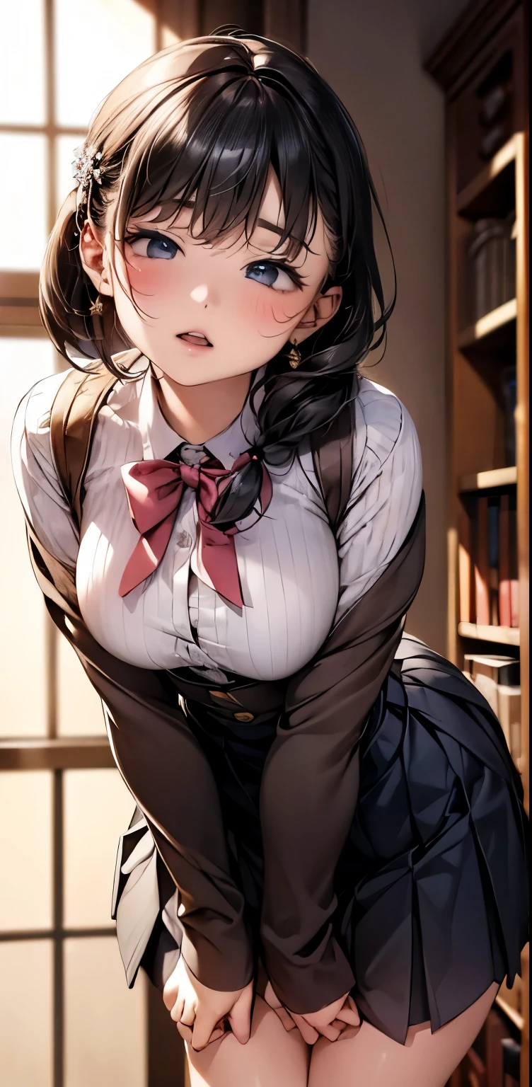 drooping eyes, eyes realistic sizing, pleated skirt, (((round face, blush))), ribbon, thin transparent panties, (((holding her butt herself))), (stylish glasses, braid), (dim old storeroom), leaning forward,