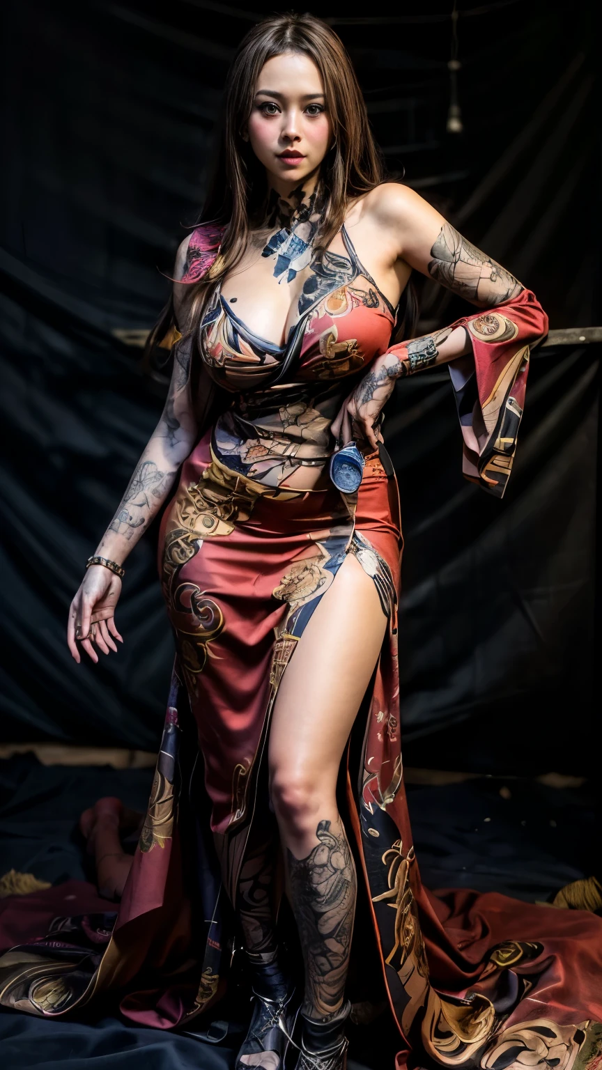 A close-up portrait of beautiful aurakasih wearing (boa hancock red costume:1.4), it exposed her breast and irezumi tattoo on her shoulders, bottomless, she looks sexy with droopy breast, slim body with skinny posture, blue eyes, brunette hair with traditional accesories, she hug her breast up when posing, when daylight, blue tones, vivis colors, warm atmosphere, wide angle, facing forward, 