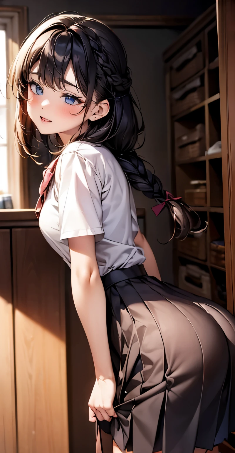 drooping eyes, eyes realistic sizing, pleated skirt, (((round face, blush))), ribbon, thin transparent panties, (((holding her butt herself))), (stylish glasses, braid), (dim old storeroom), leaning forward,