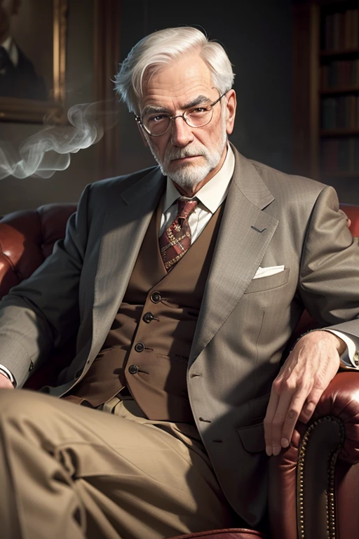 Freud in a thoughtful suit、Sitting in a brown armchair in the book room、Smoking a cigar HD Pictures, Full HD,4K, Full definition, realism, Ultra-Realistic Quality, photograph撮影,プロのphotograph, 8k, Cinema Lighting, photograph, Eastman Kodak Color Negative Film 5251 50T、Filmed with Panavision Super PS . No arms,Light shining through the misty morning fog, Very detailed, Realistic portraits, Bright studio environment, Studio Lighting, Crisp quality and light reflection, Unreal Engine 5 Quality Rendering, Realistic Face,Natural body type, not Instagram, Full Body Shot, Teleobjectiva, 50mm