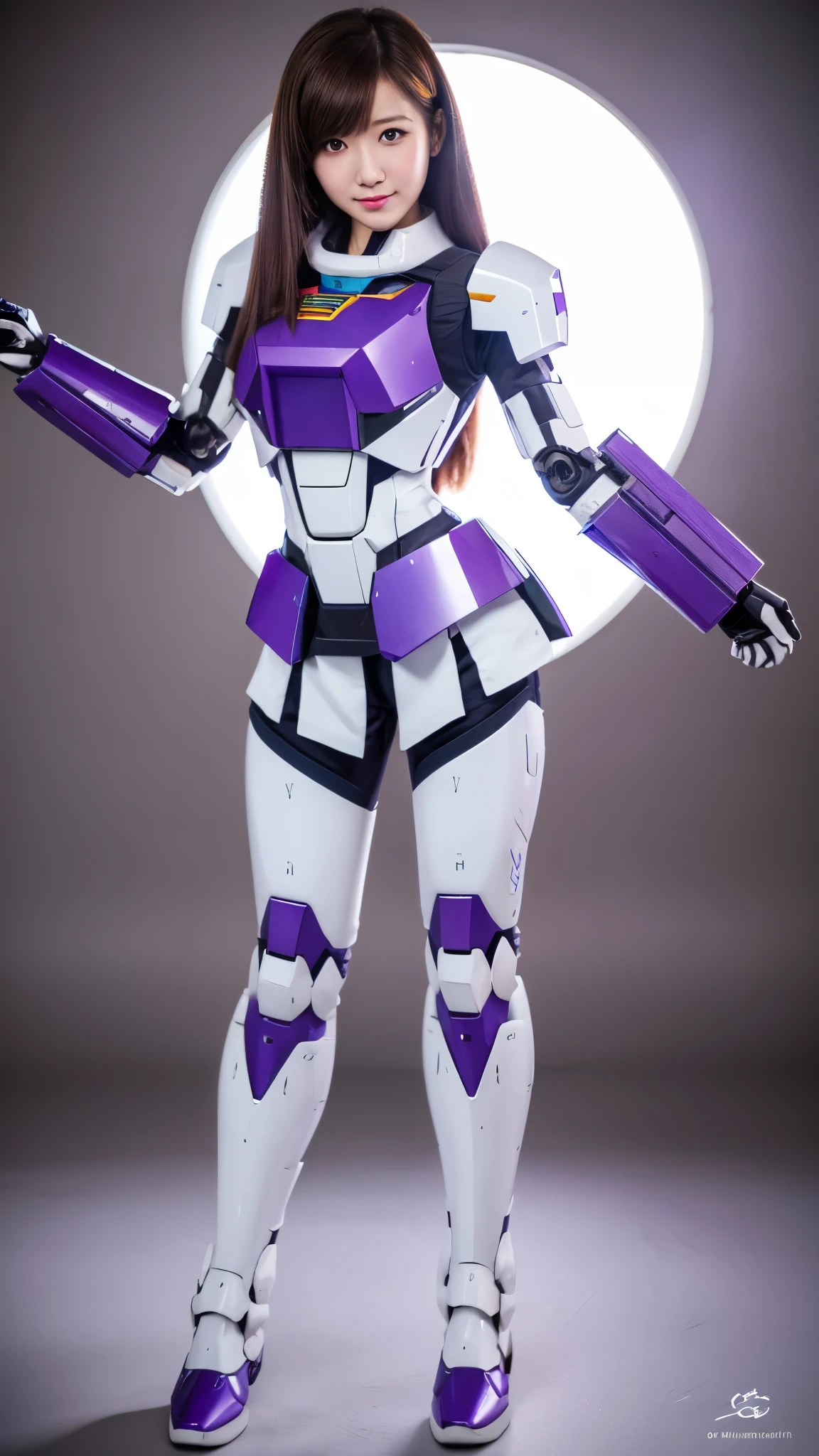 RAW, Masterpiece, Ultra Fine Photo,, Best Quality, Ultra High Resolution, Photorealistic, Sunlight, Full Body Portrait, Stunningly Beautiful,, Dynamic Poses, Delicate Face, Vibrant Eyes, a full body of a woman in a purple and white gundam custume, dybamic pose, long brown very very long hair rapunzel, girl in mecha cyber armor, portrait armored astronaut girl, d. va from overwatch, female mecha, on a gundam, gundam head, chiho aoshima color scheme, mobile suit, streamlined purple armor, fully robotic!! girl, realistic cosplay, gundam armor , full body, sit down, full body