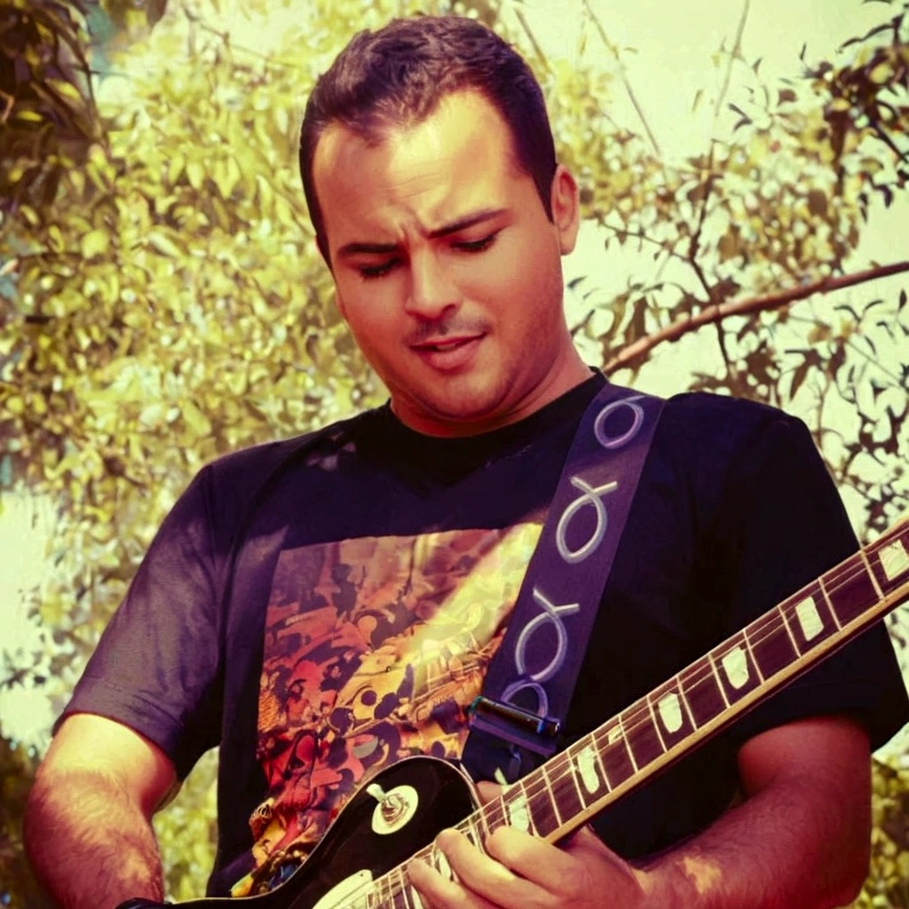 magine um homem no estilo Disney Pixar 3D usando uma camisa preta, black pants and black All Star sneakers. He's on stage at a show, holding the microphone with one hand while singing. The stage is lit by bright lights, and a lively crowd is watching as he performs with passion and energy. The man has a determined and charismatic expression, captivating the audience with his performance as a vocalist.