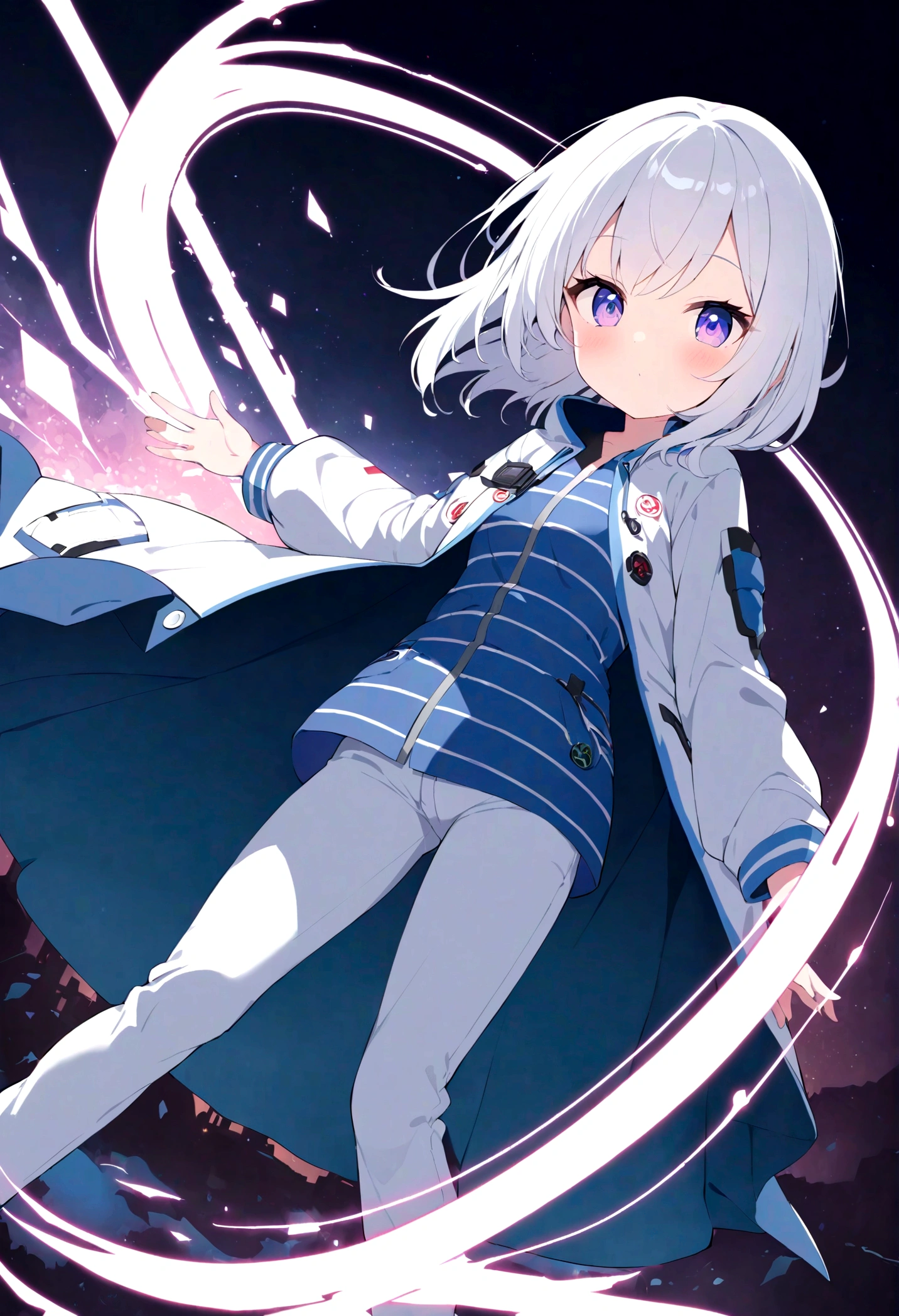[(NIGHT BACKGROUND:1.5),::5] (FANTASY BACKGROUND:1.5), [(fantasy:1.5)::,5] (loli:1.5), [(SYMETRICAL:1.5),::5] standing, (default pose:1.5), (1girl:1.5), solo, (loli:1.4), full body, small breasts, short hair, looking at viewer, (open coat, robe, blue robe, jacket, modern, contemporary, science fiction, futuristic:1.4), solo, full body, masterpiece, solo, beautiful, detailed eyes, detailed face, (white clothes:1.2), (blue stripes:1.3), (white jacket:1.3), (white hair:1.4), (loli:1.2), (cyberse:1.4), (loli:1.3), absurdres, ultra-detail, masterpiece, highres, 4k, high quality, digital art, sparkling eyes, long hair, (long sleeve:1.4), (pants, long pants:1.4)
