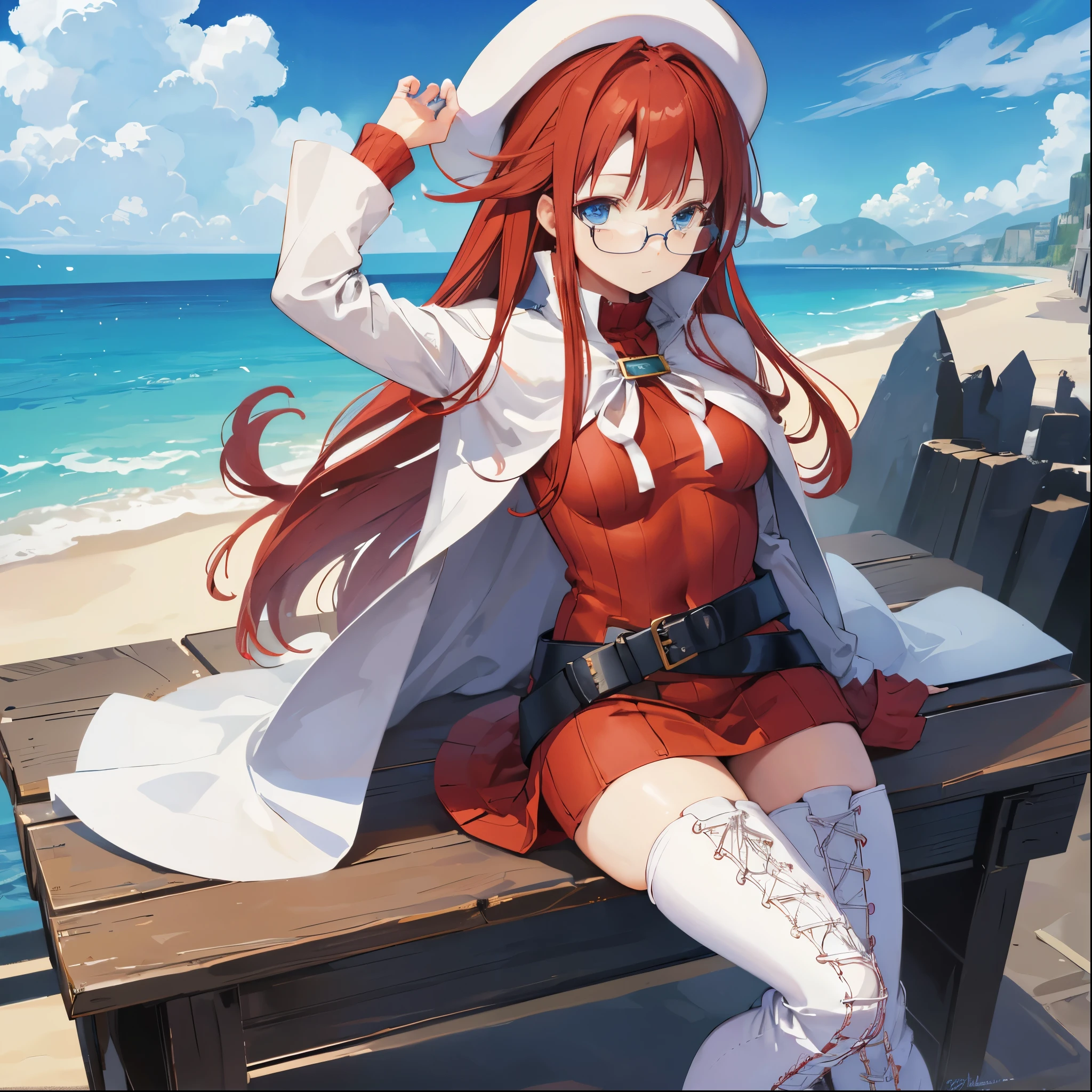 summonnightaty, aty, (young:1.3),long hair, blue eyes, red hair, big_tits, hat, glasses,
BREAK long hair, thighhighs, hat, dress, naked_legs, glasses, belt, cape, sweater, zettai ryouiki, beret, thigh boots, white footwear, ribbed sweater, loose belt,solo,
BREAK outdoors, fantasy,on_beach,
,Highquality_hads,perfect_fingers,
BREAK (masterpiece:1.2), best quality, high resolution, unity 8k wallpaper, (illustration:0.8), (beautiful detailed eyes:1.6), extremely detailed face, perfect lighting, extremely detailed CG, (perfect hands, perfect anatomy),covered_nipples,covered_navel ,half_eyes,long_sword,sleepy,standing,red_sweater,apart_knees,magical_effect,spread_legs, have_a_book,teacher,rise_knee,Smile,rise_hand,look_down_viewer,spread_arms,sea_waves,looking_into,blue_sky,sitting,plump,