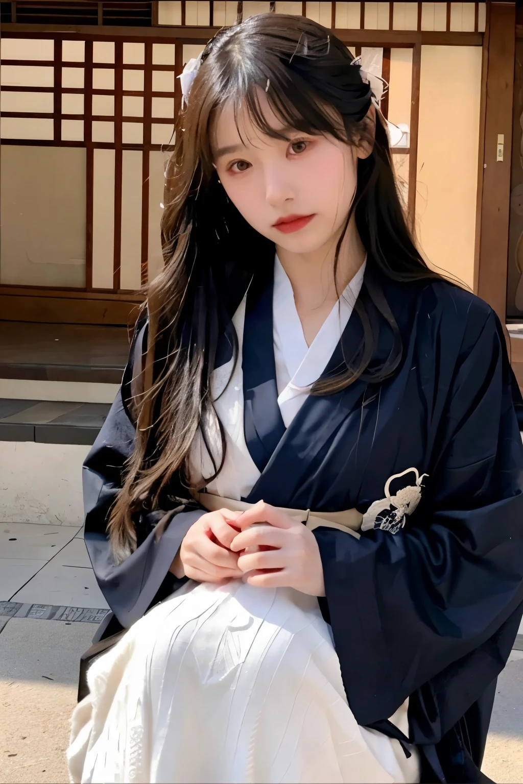 Long black hair, black eyes, wearing a dark blue iris kimono