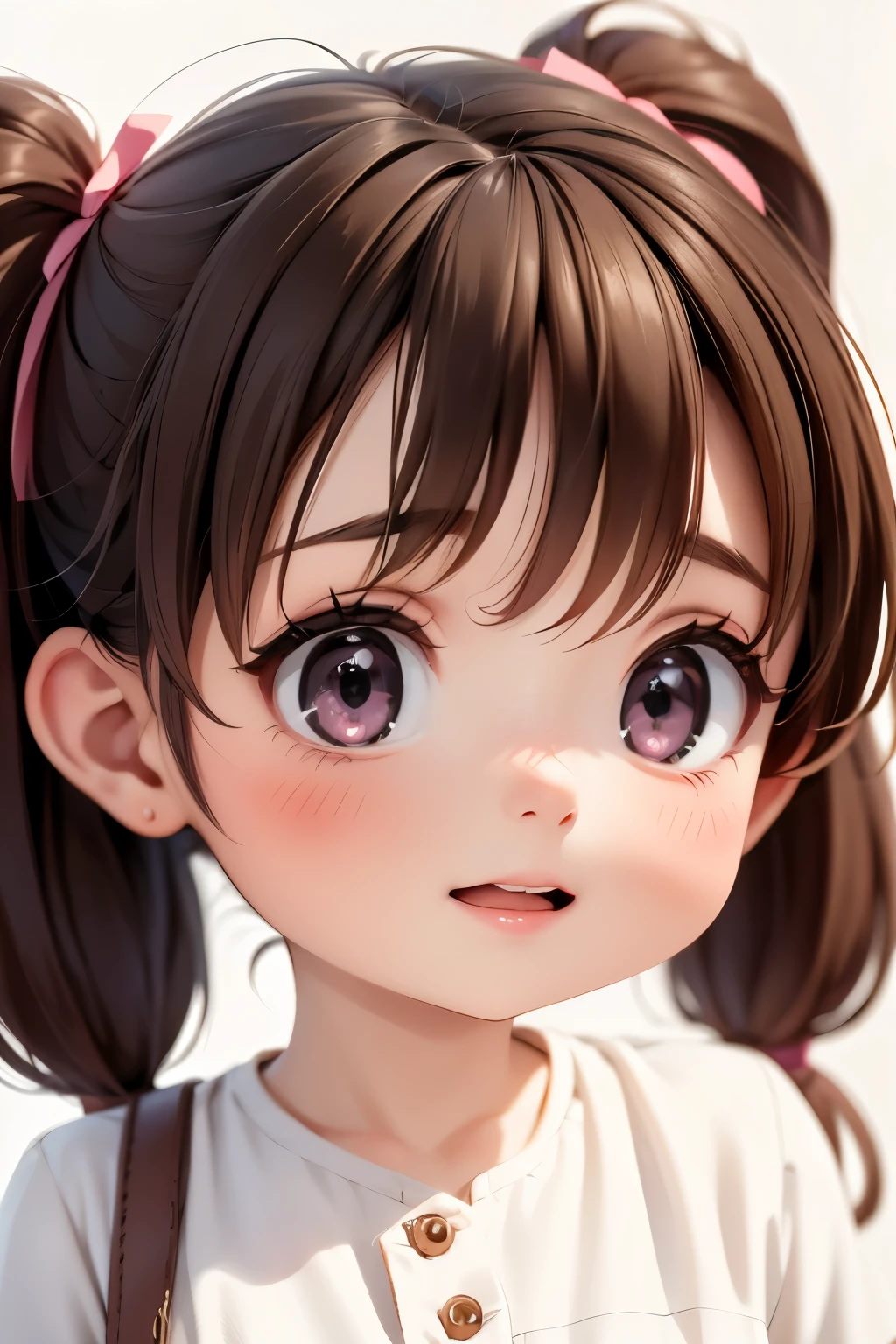 (1girl), masterpiece, best quality, super fine illustration, an extremely cute , highly detailed beautiful face, looking at viewer, 1girl, belt, closeup, looking at viewer, 4k, high res, ribbon, firis mistuld, blush, pov, twintail hair, white background, simple background, thick outline, purple eyes, (sleep), brown hair, chibi, love expression,  ((brown hair)), (blood),