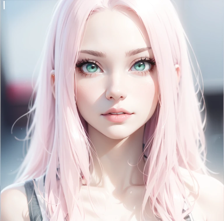 young woman, short shoulder-length pink hair, wide forehead, porcelain skin, pink eyebrows, big emerald green eyes, buttoned nose, full lips, heart-shaped face, slender body, small breasts, red tank top, Sakura Haruno , realistic, realism, details, 3d, well detailed