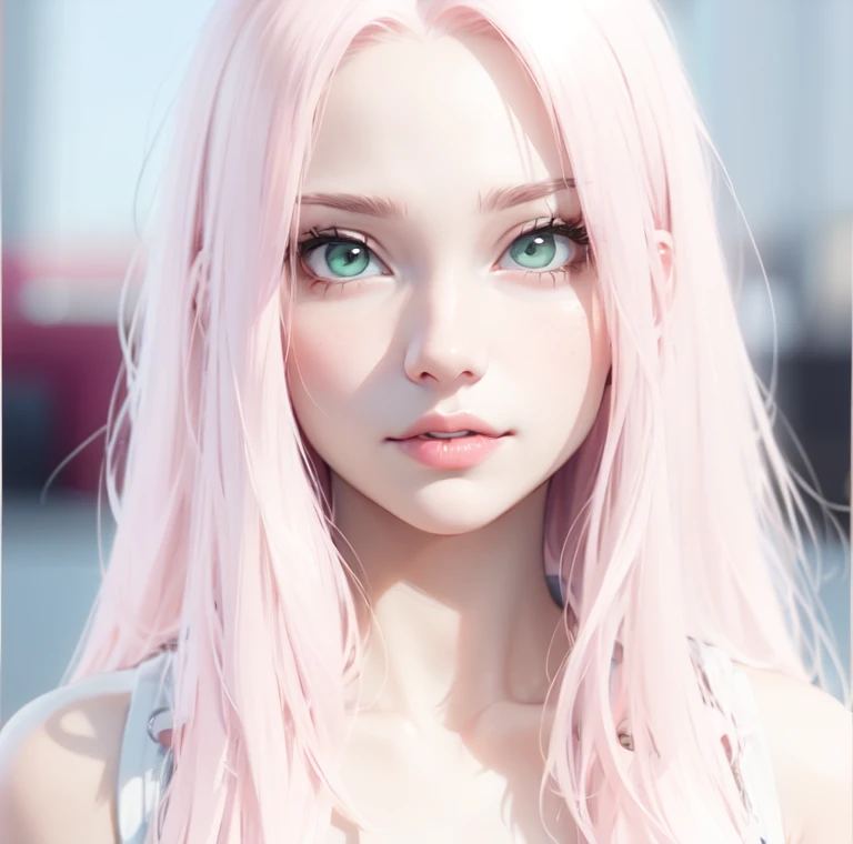 young woman, short shoulder-length pink hair, wide forehead, porcelain skin, pink eyebrows, big emerald green eyes, buttoned nose, full lips, heart-shaped face, slender body, small breasts, red tank top, Sakura Haruno , realistic, realism, details, 3d, well detailed
