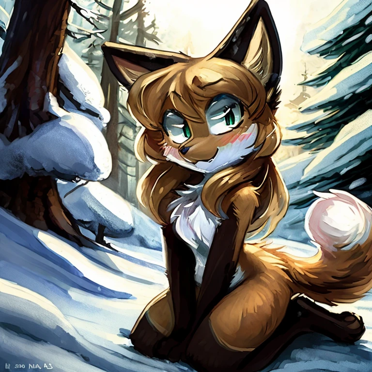 uploaded the e621, beautiful and detailed, woman (((female))) ((anthro)) Fox, (Averi, Fox girl), cinematic lighting, Fox, (anthro, fluffy fur), anthro fox girl, body fur, curvy, sexy, nice, cute, hot, comfortable anime-style cartoon-style, digital drawing, SFW, flat chest, chest fluff, blushing, green eyes, sassy, sassy hips, cute friendly smile, snow, forest, wet fur, heart, hearts, speech bubble, looking at viewer, close up, hugging viewer, petting, nuzzling viewer, on knees, two girls, Ross Tran, ruan jia, by Kenket